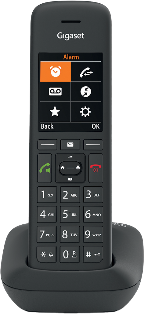 Fekete Gigaset telefon, ébresztőóra ikonnal és billentyűzettel.