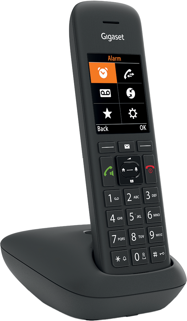 Fekete Gigaset vezeték nélküli telefon a töltőn. Van rajta egy képernyő ikonokkal és számokkal.