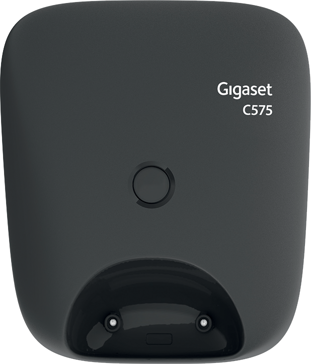 Fekete Gigaset C575 bázisállomás. Van rajta egy gomb és egy kis képernyő. Fehér Gigaset szöveg.