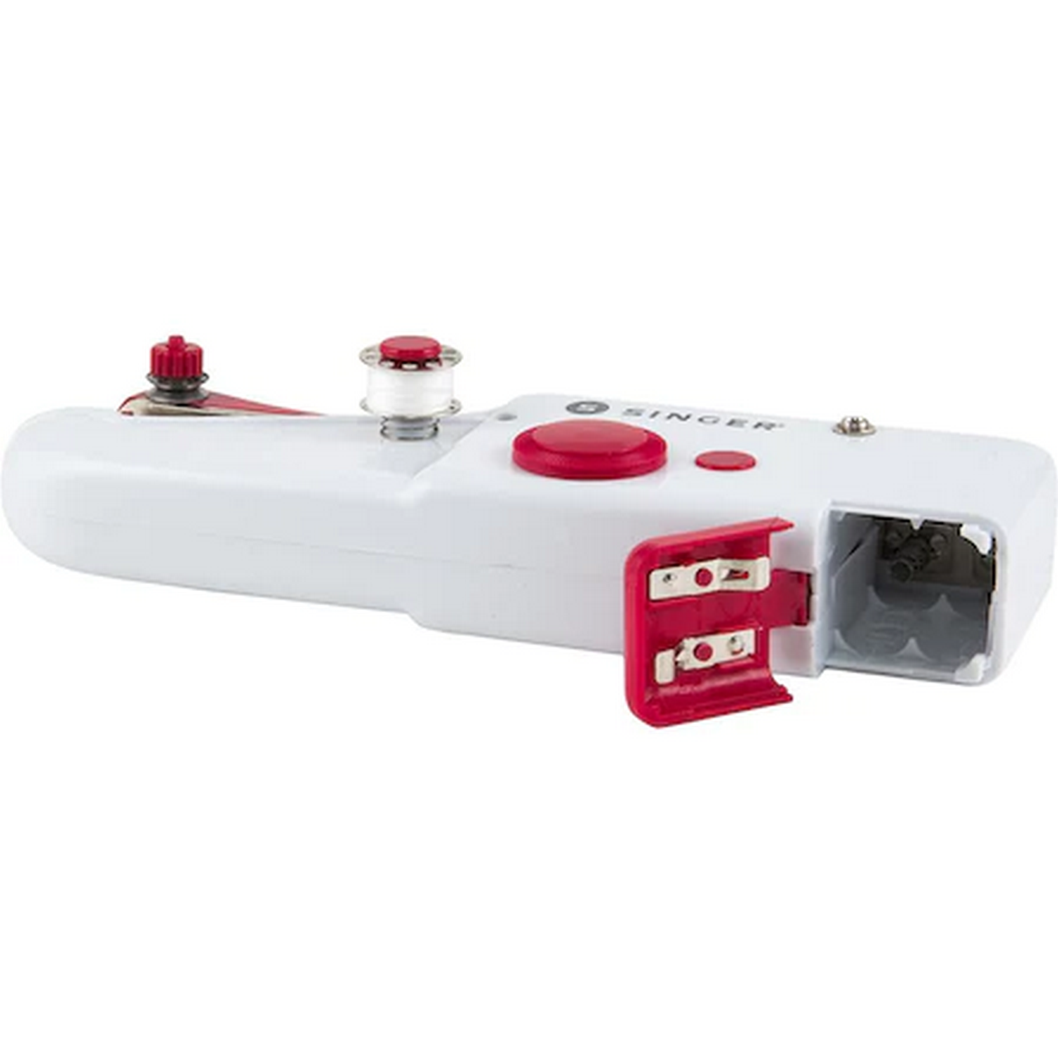 Máquina de coser portátil blanca. Se ven el botón rojo y el compartimento de la batería.