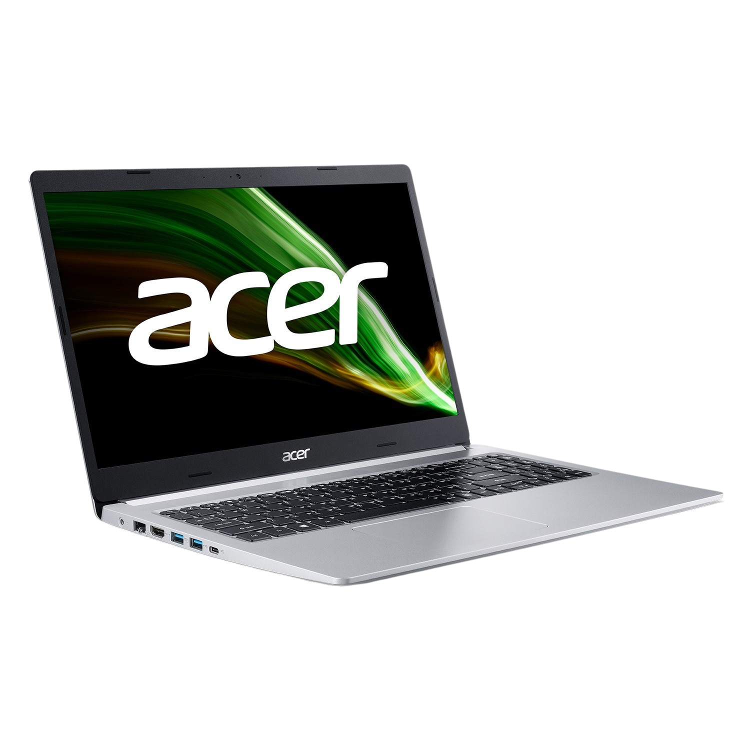 Portátil Acer plateado con pantalla negra. Abierto, con el logotipo de Acer visible en la pantalla.