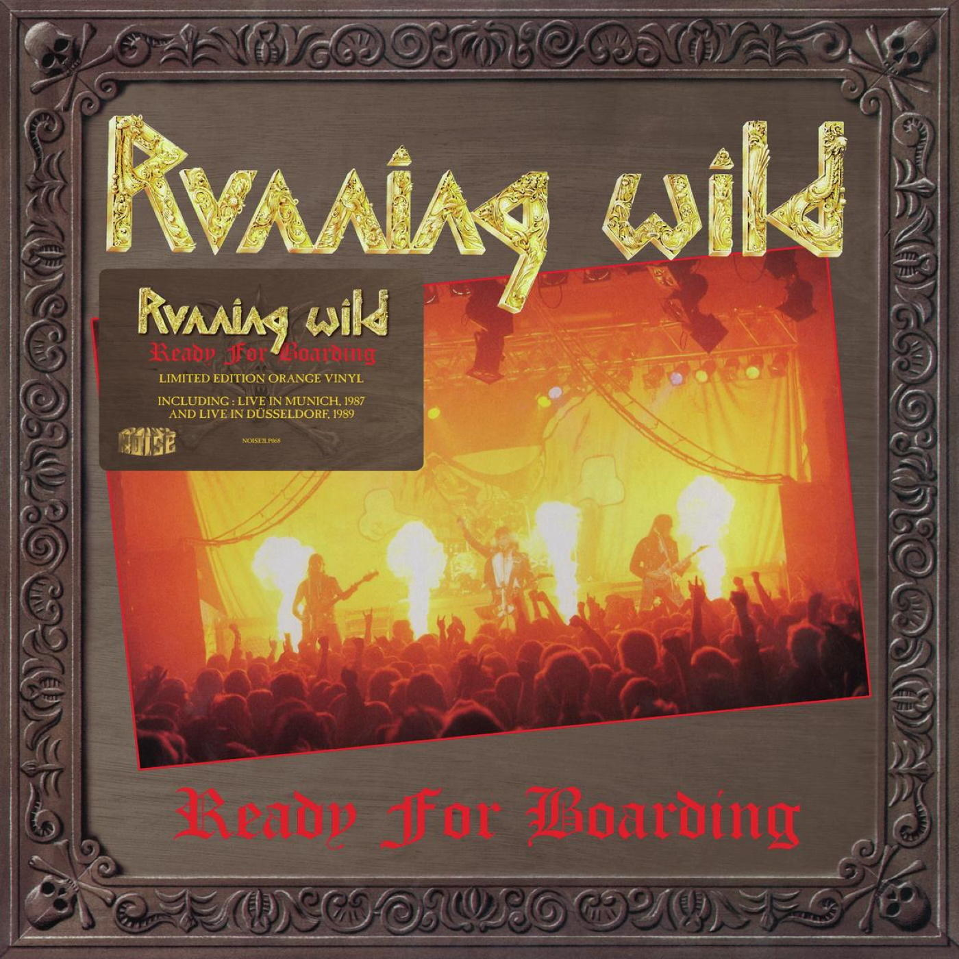 Running Wild - Ready for Boarding album borítója. Színpadi előadás zenekarral és közönséggel. Narancssárga bakelit.