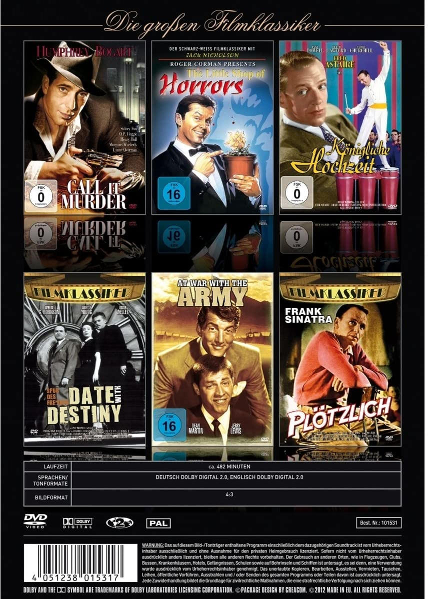 Filmdvd-Cover mit sechs klassischen Filmen: Call Her Murder, Horrors, Hochzeits, Date Destiny.