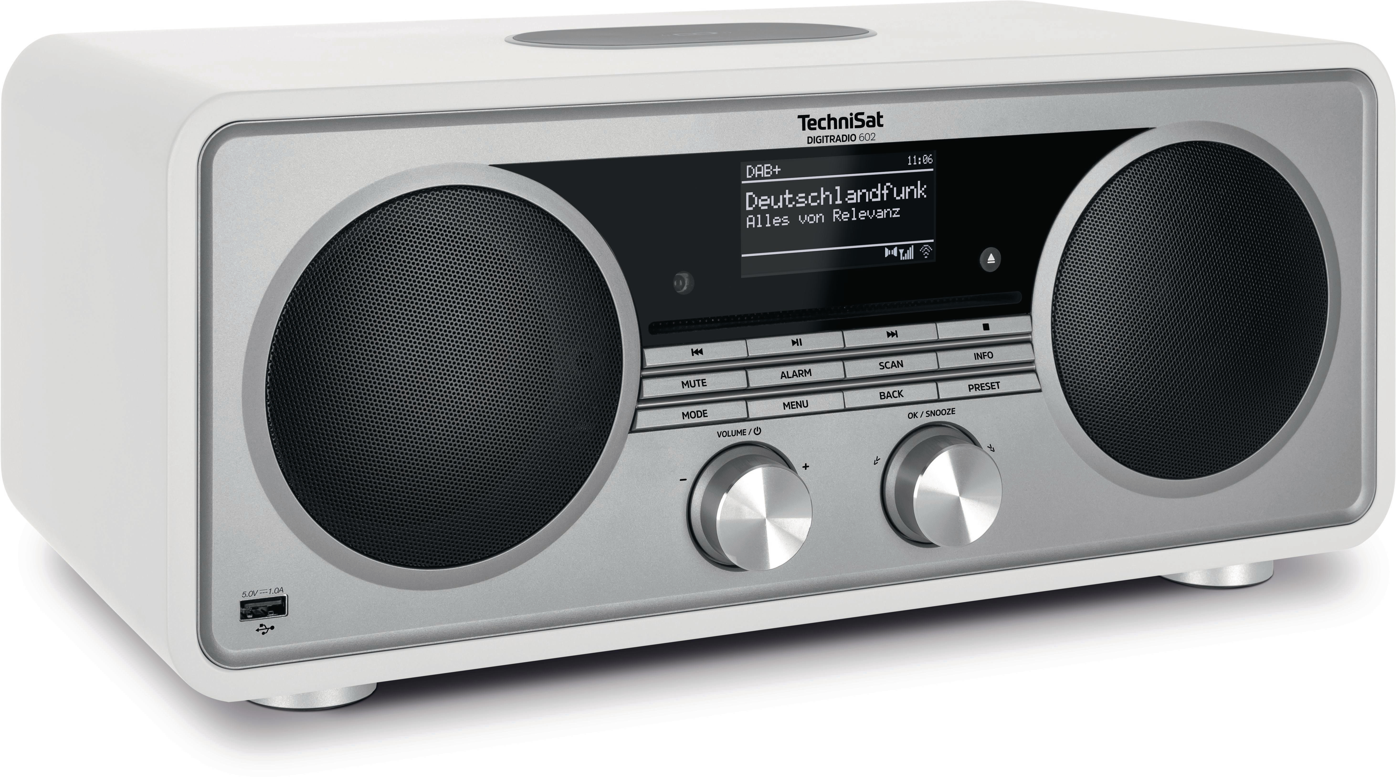 Weißes TechniSat-Radio mit zwei Lautsprechern und digitaler Anzeige.