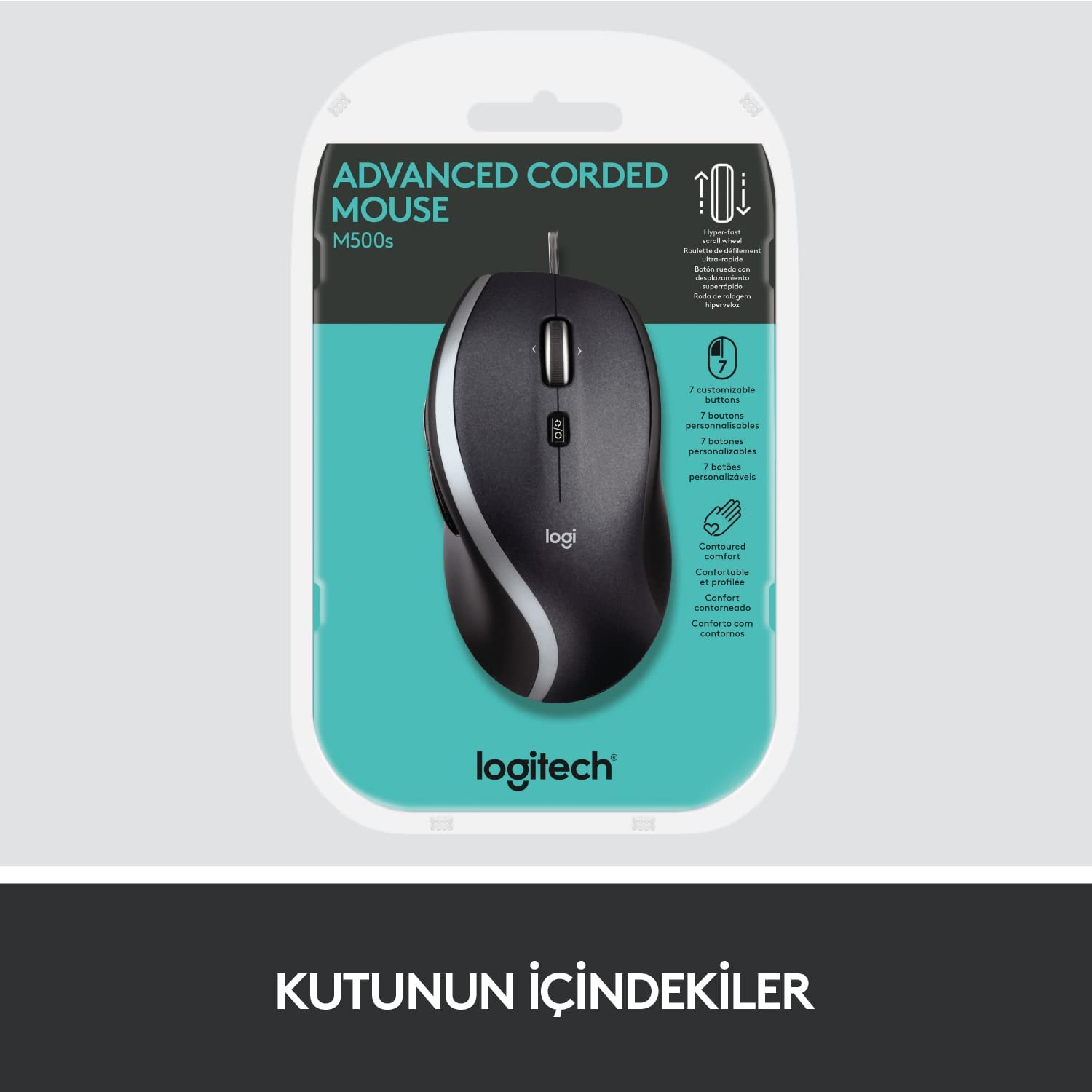Ambalaj içindeki fare. Fare siyah, kavisli bir tasarıma sahip. Ambalaj fareyi ve özelliklerini gösteriyor.