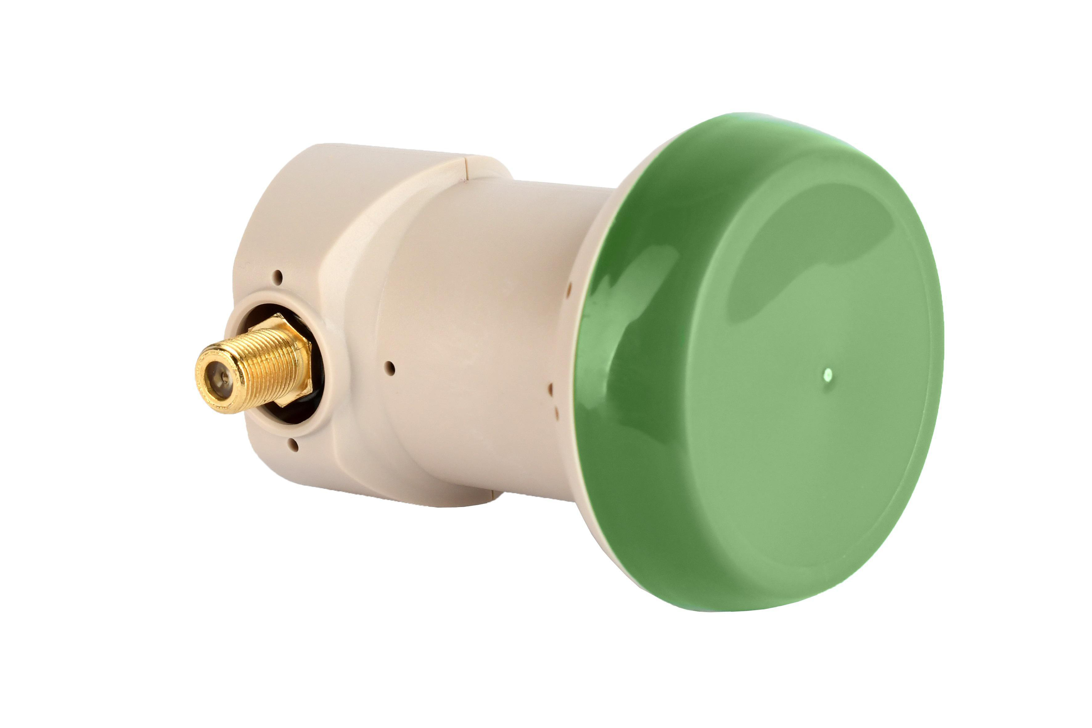 Ein Satellitenempfänger mit grüner Kappe und goldfarbenem Anschluss auf weißem Hintergrund.