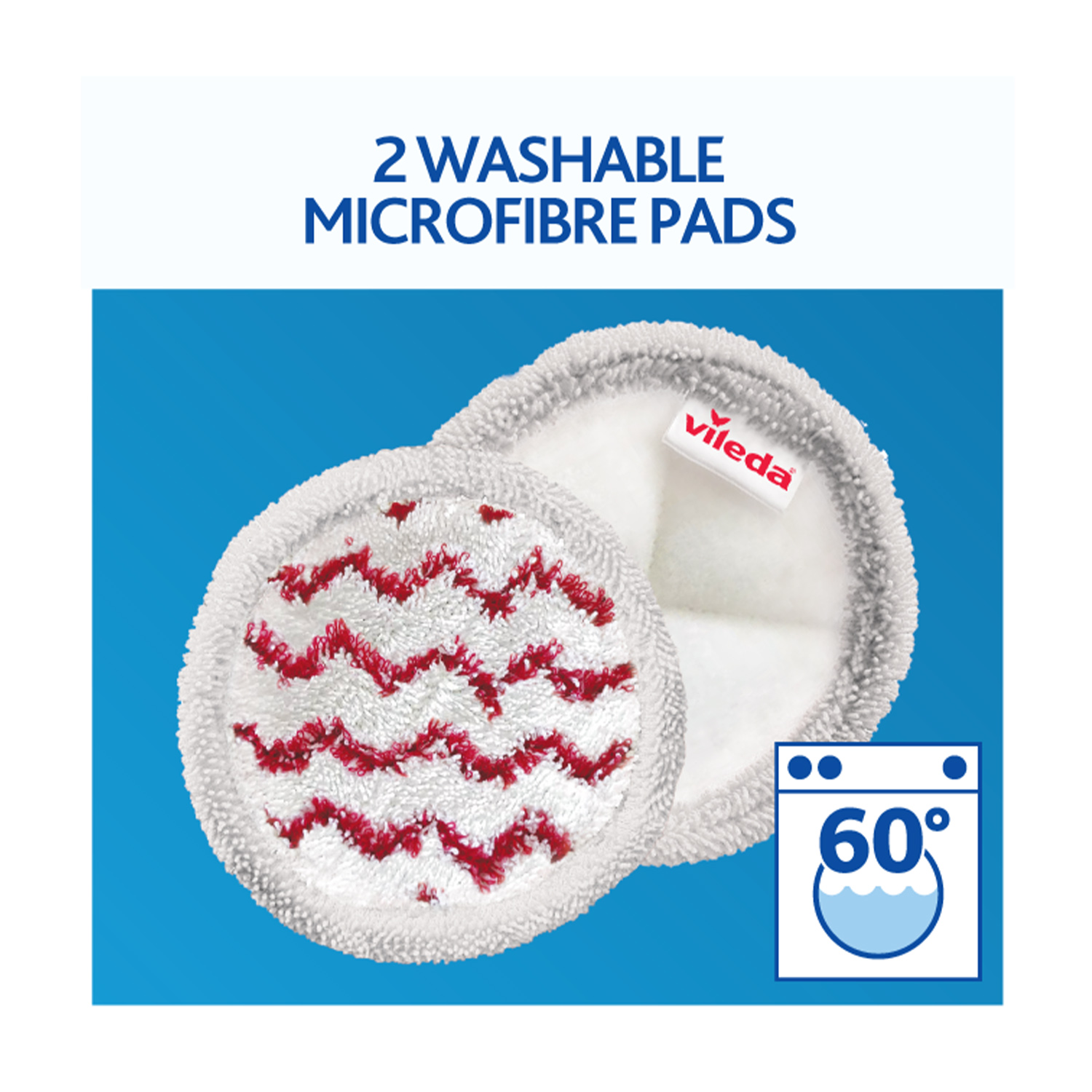 Due panni in microfibra bianchi con zig-zag rossi, testo: 2 WASHABLE MICROFIBRE PADS, e simbolo 60°.