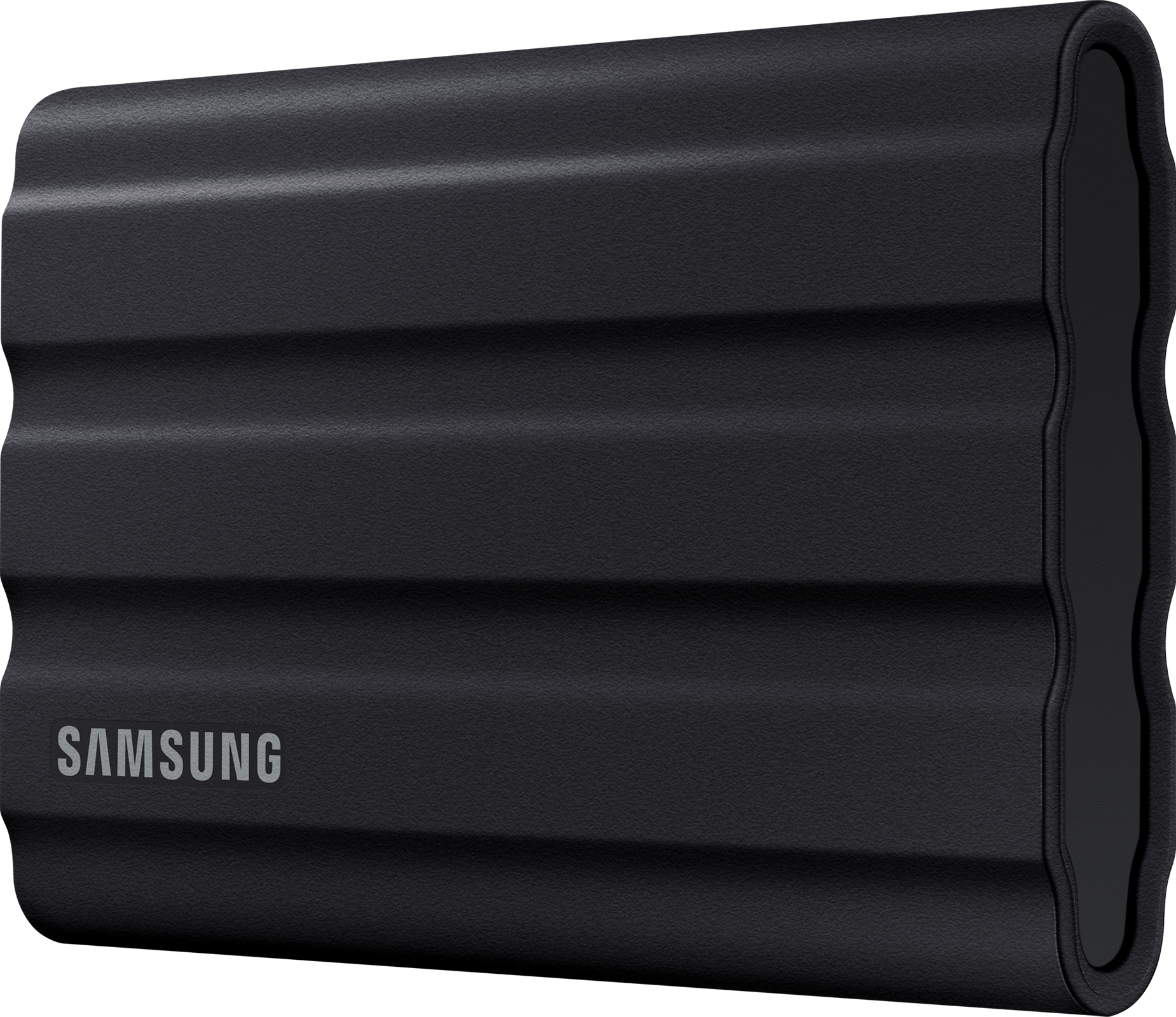 Schwarze, tragbare Festplatte von Samsung. Das Wort 'SAMSUNG' ist aufgedruckt.