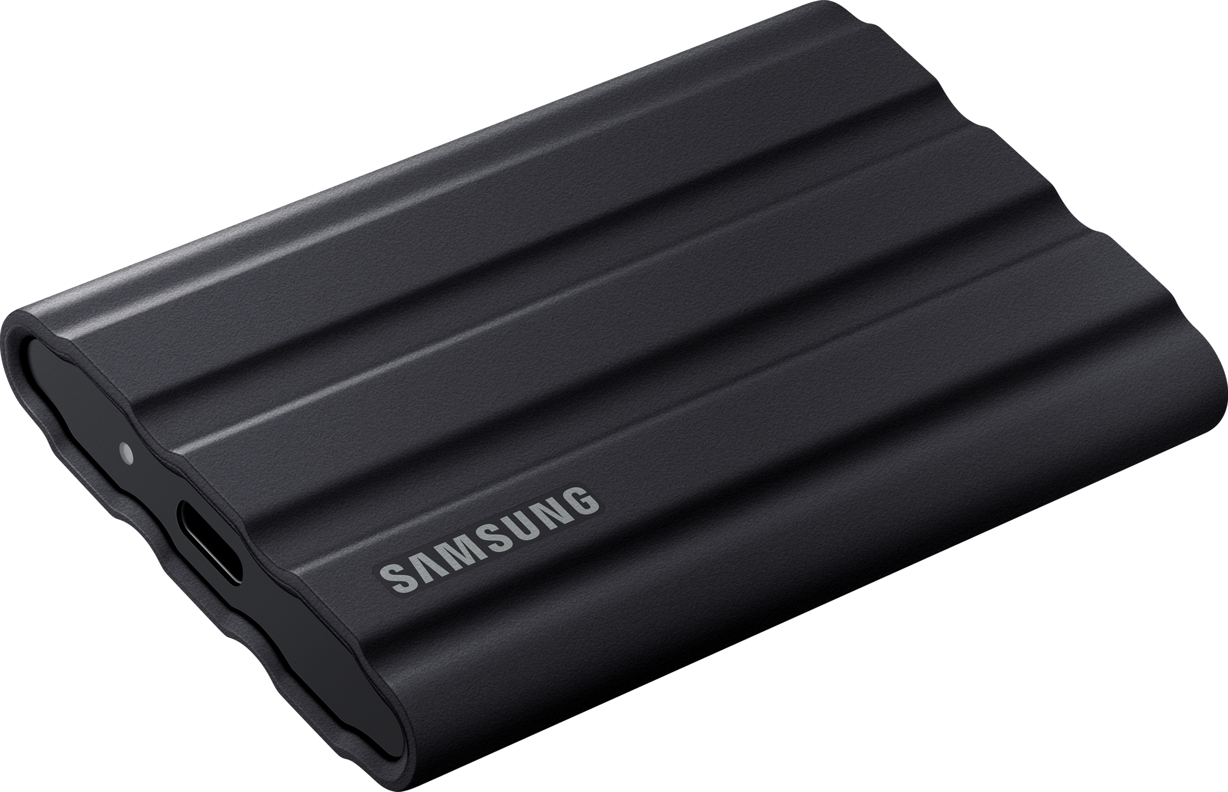 Eine schwarze, geriffelte tragbare SSD von Samsung. Das Samsung-Logo ist sichtbar.