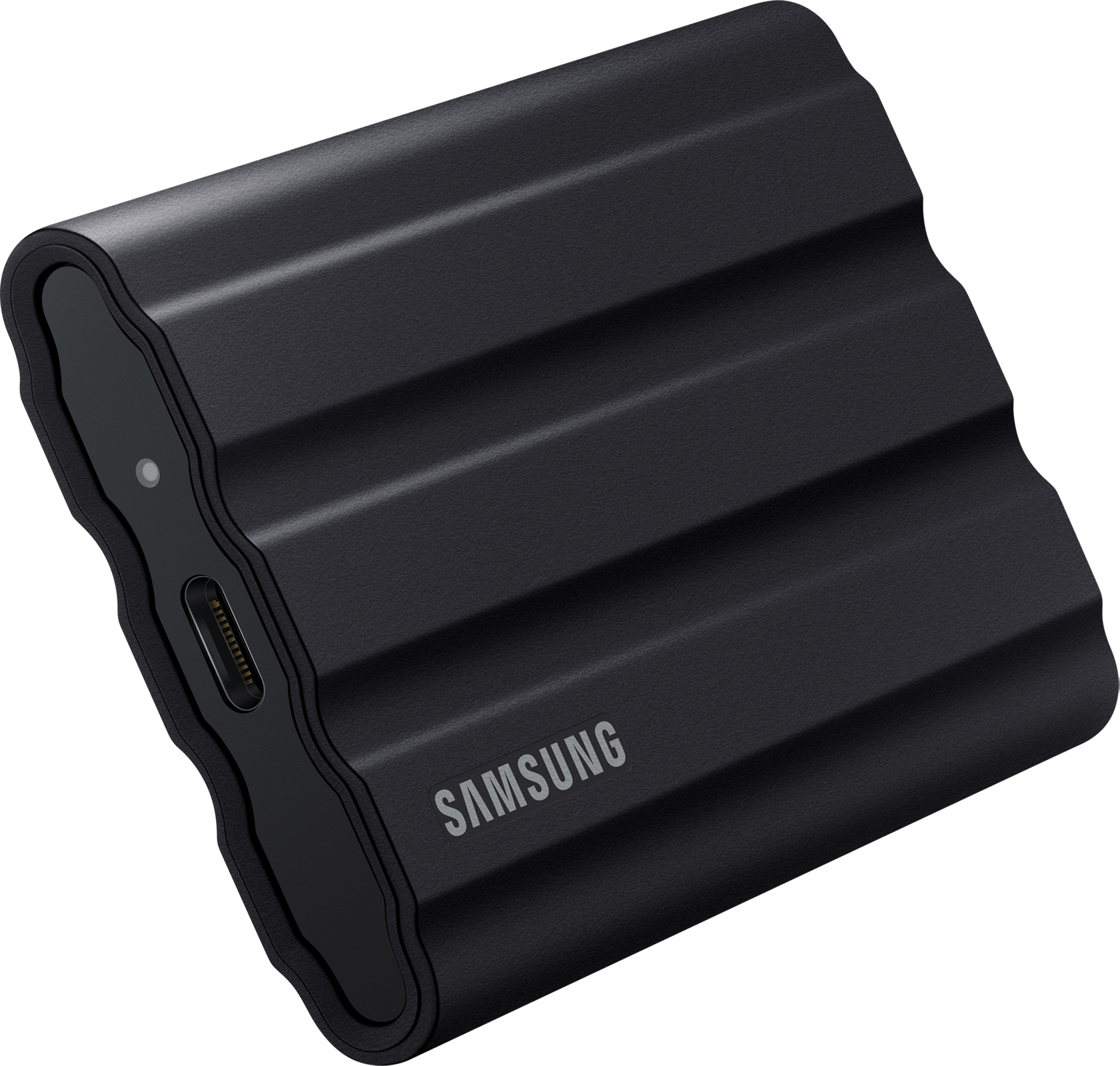 Schwarze, geriffelte Samsung externe Festplatte. Sie hat einen USB-C-Anschluss und das Samsung-Logo.