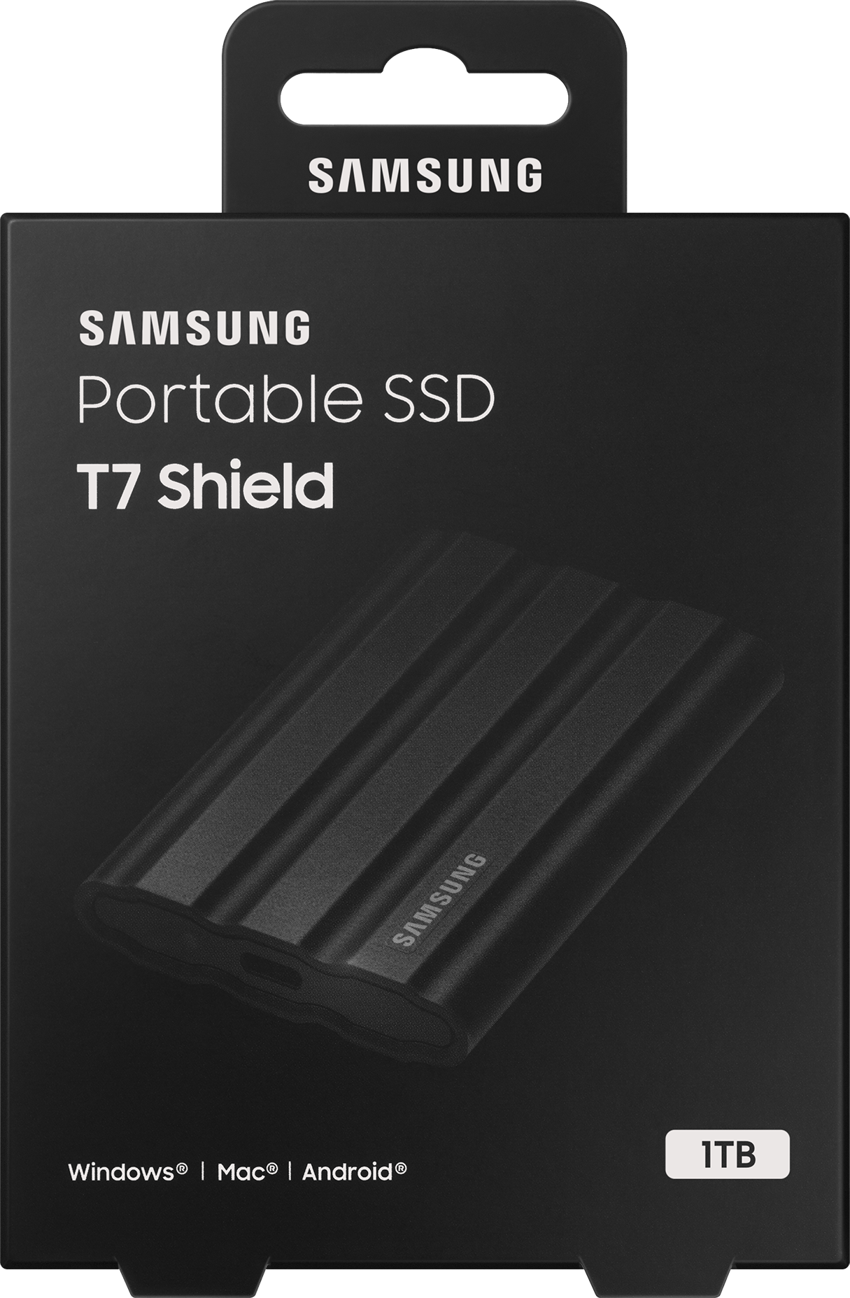Schwarze Samsung Portable SSD T7 Shield. Die Box ist schwarz. Das Laufwerk ist schwarz und strukturiert.