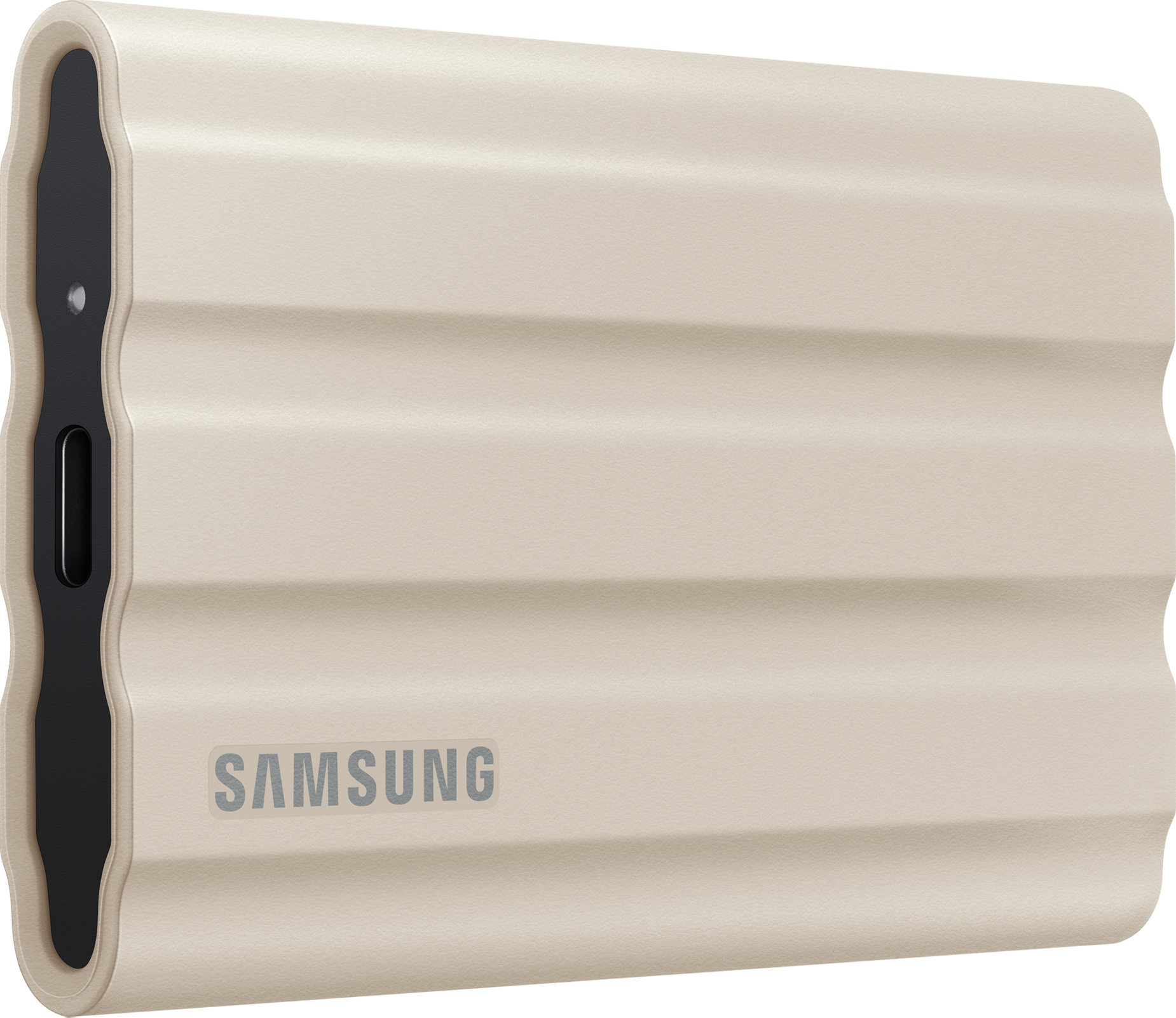 Disque dur portable Samsung de couleur crème avec le logo SAMSUNG.