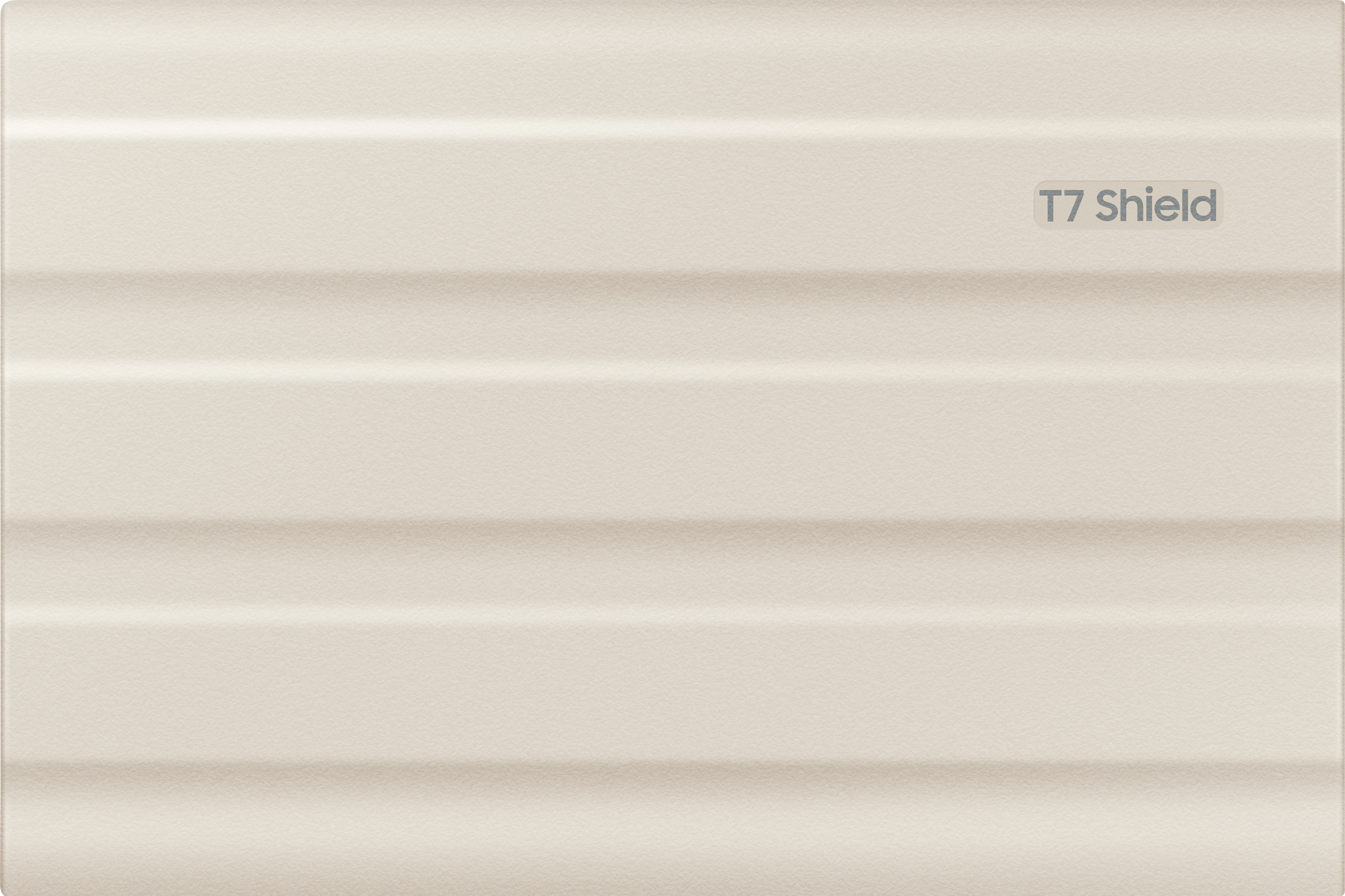 Disque dur beige T7 Shield. Lignes horizontales. Fond blanc.