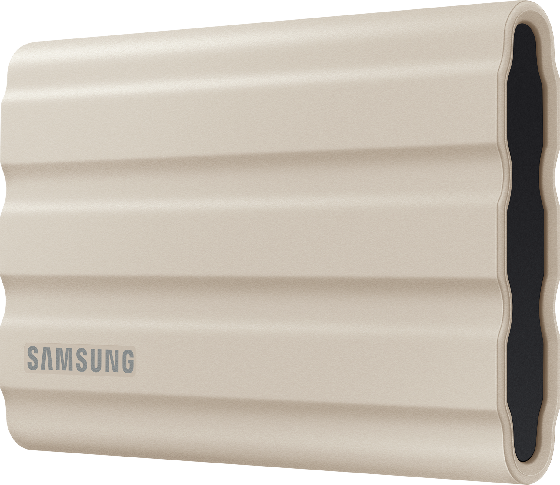 Un disque dur externe Samsung beige avec le nom de la marque visible, sur fond blanc.