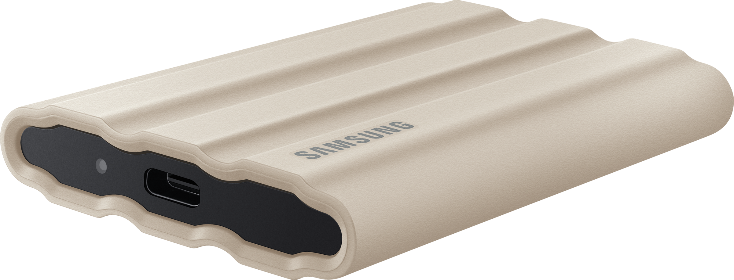 Disque dur externe Samsung beige. Comprend un port USB-C et le logo Samsung.