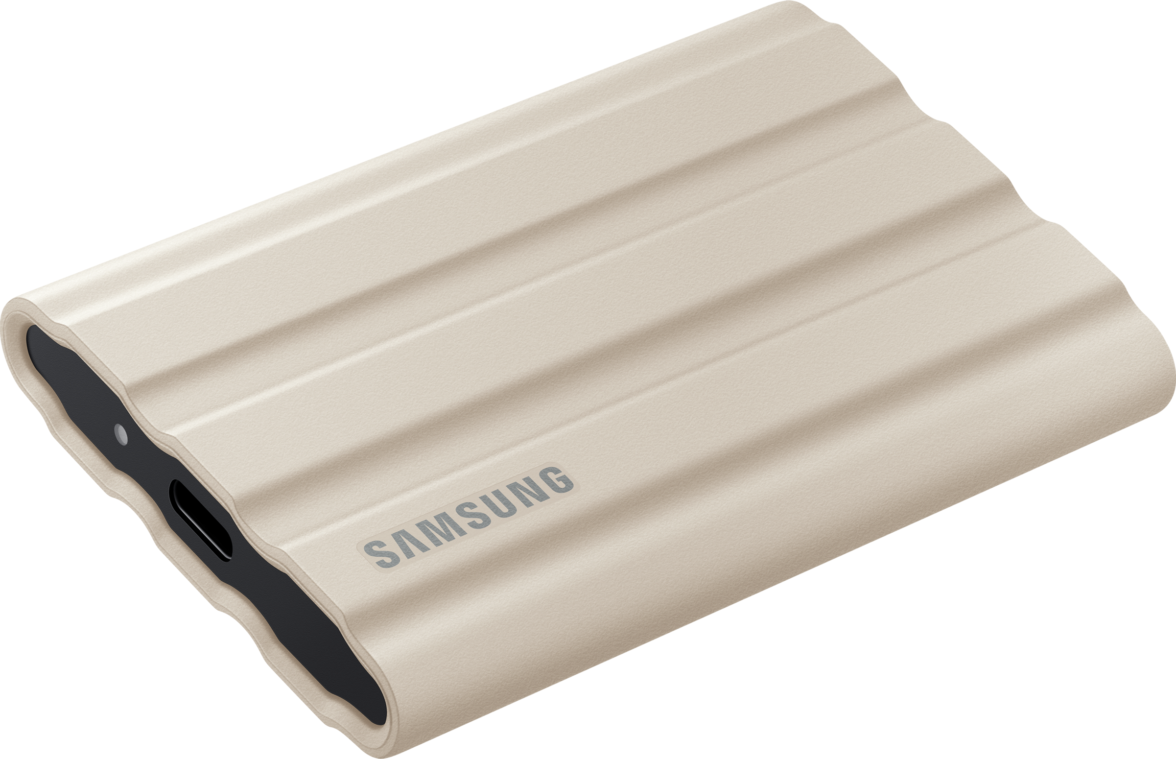 Disque dur portable beige Samsung avec un design nervuré. Le mot 'SAMSUNG' est imprimé.