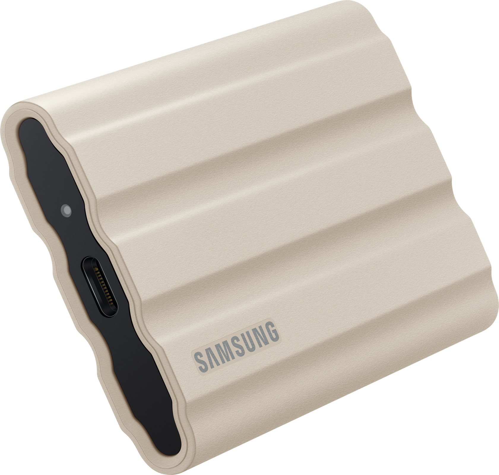 Disque dur externe beige avec port noir et fond blanc.