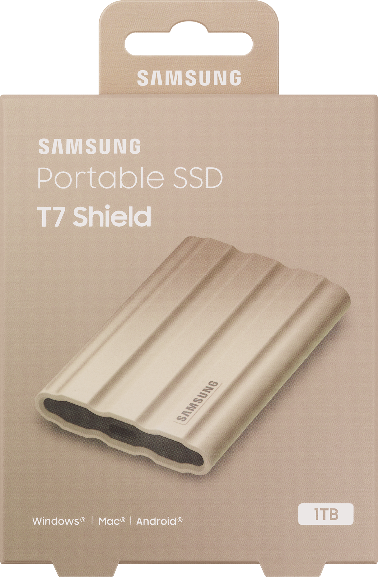 Une boîte Samsung Portable SSD T7 Shield, montrant le lecteur et les détails du produit.