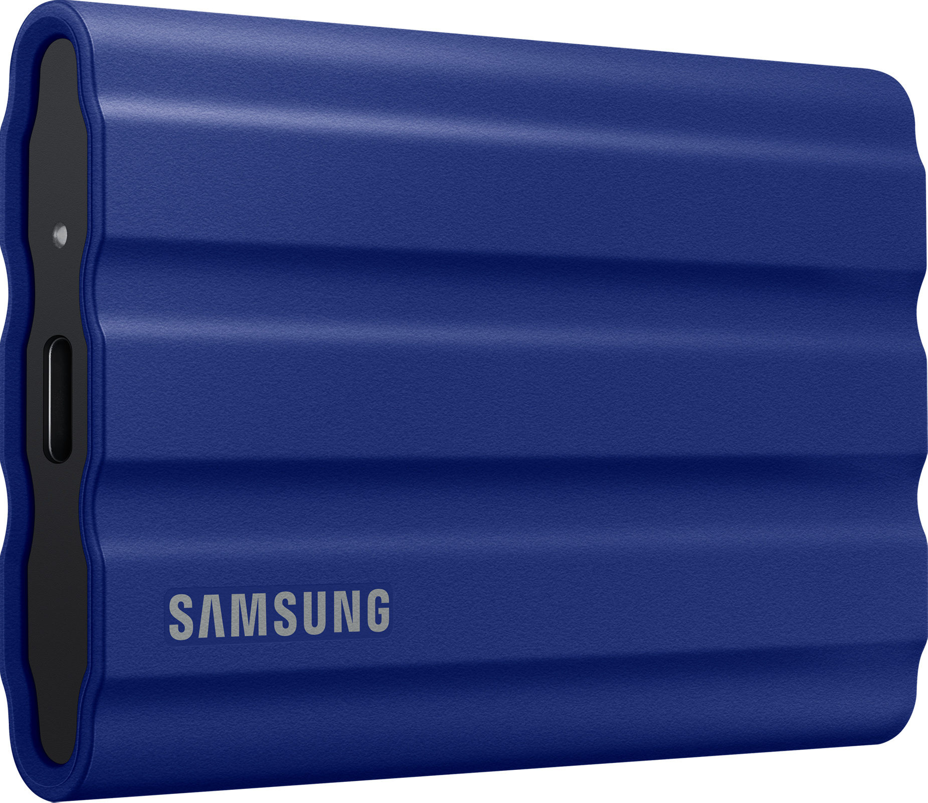 SSD portable bleu Samsung, le corps a un design texturé.