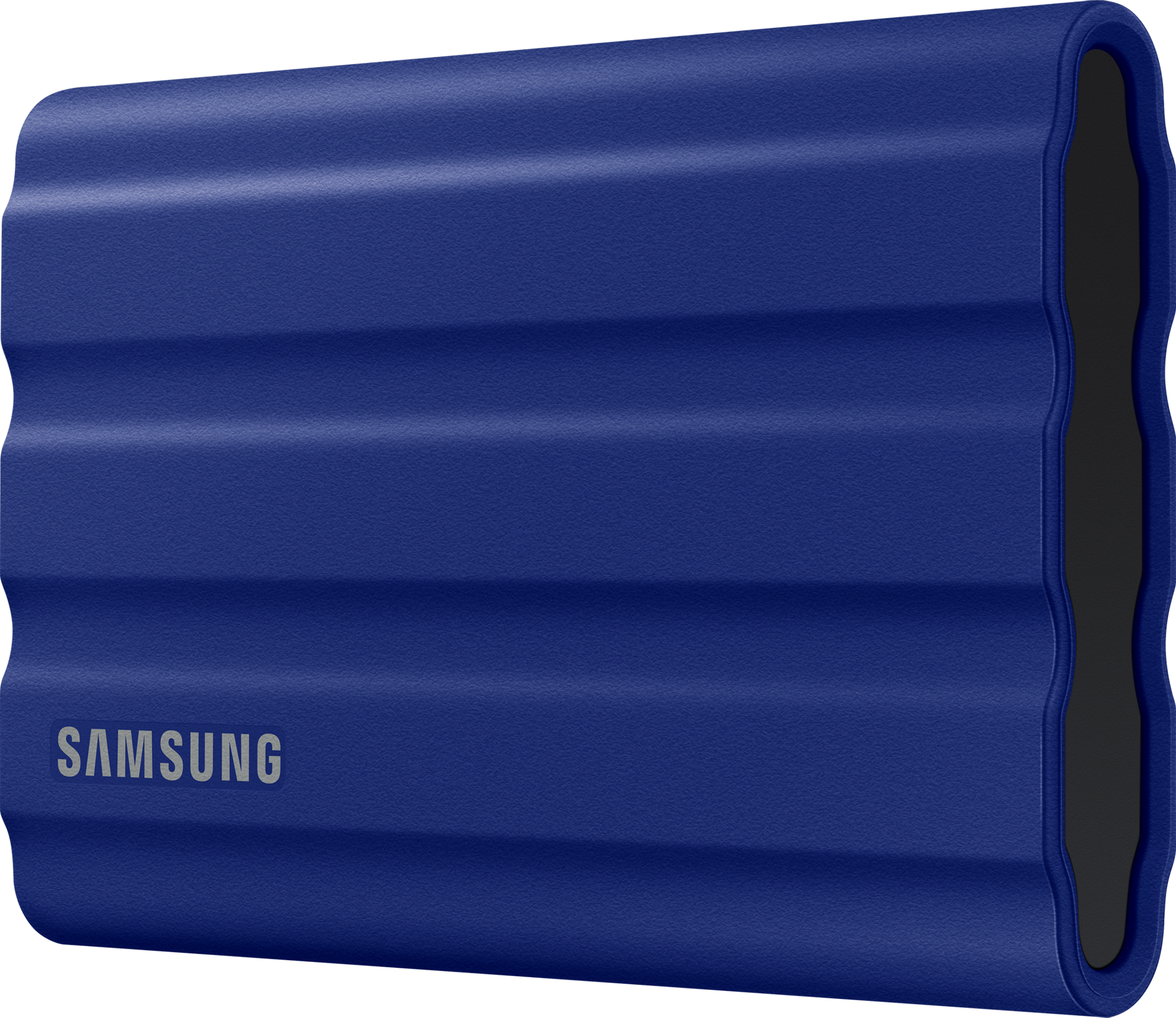 Disque dur externe Samsung bleu avec le nom de la marque sur le devant.
