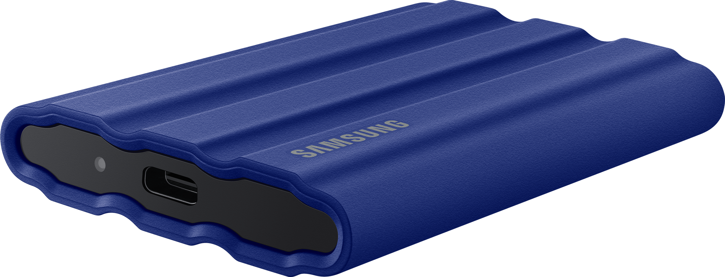 Un disque dur externe portable bleu avec le logo Samsung et un port USB-C.