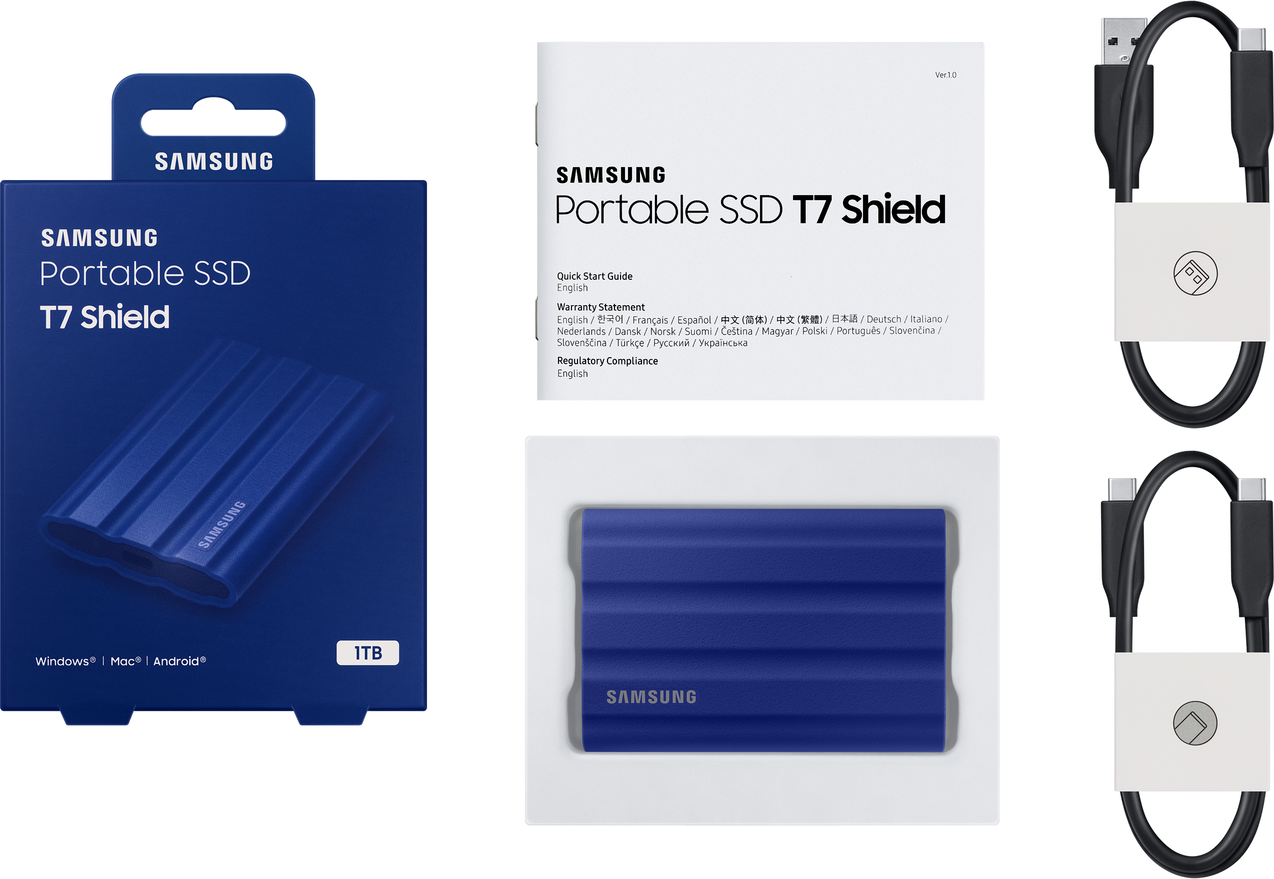 Un emballage Samsung Portable SSD T7 Shield avec le SSD, les câbles et un guide de démarrage rapide.