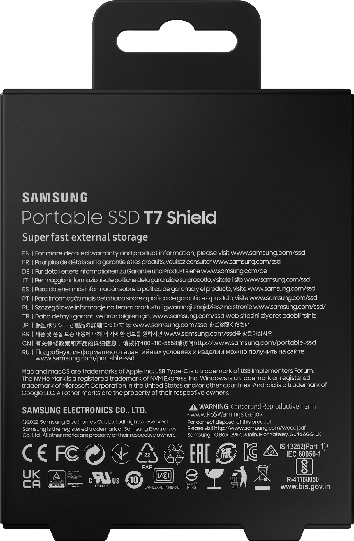 Schwarz-weiße Box mit Text in mehreren Sprachen. Es ist eine Samsung Portable SSD T7 Shield.