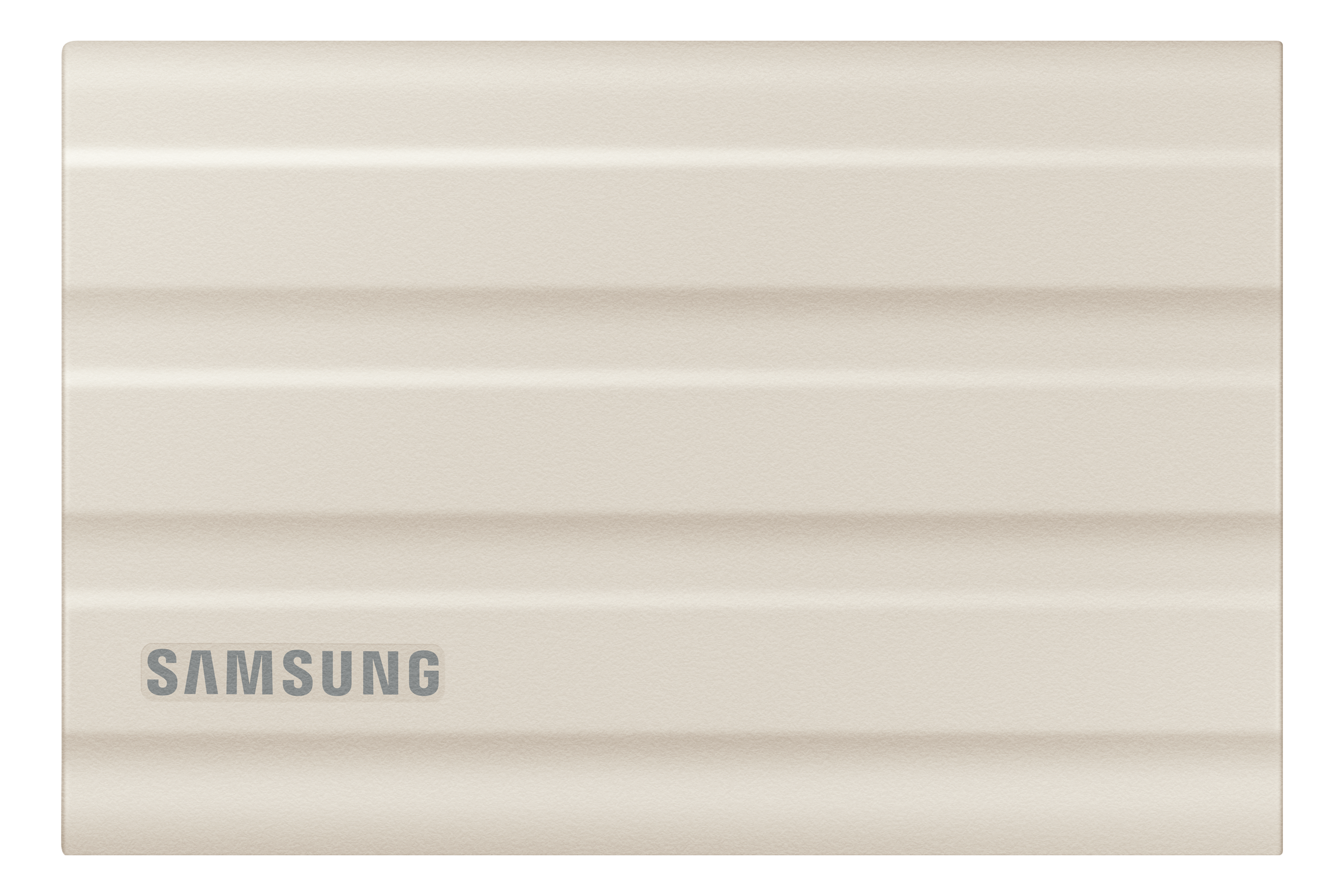 Beigefarbene externe Festplatte von Samsung mit geriffeltem Design und grauem Samsung-Logo.