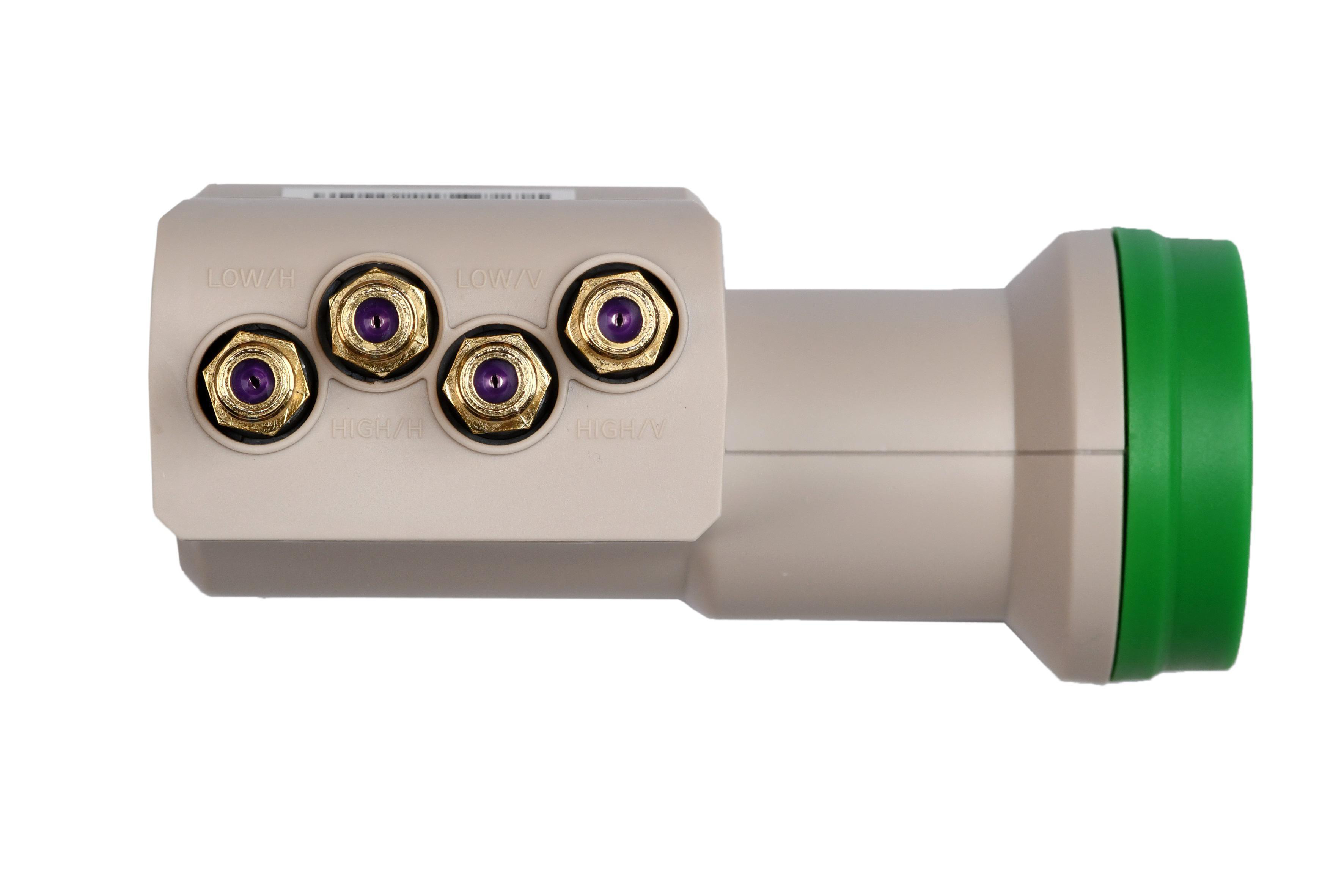 Ein Satelliten-LNB mit mehreren Ausgangsanschlüssen, beigem Gehäuse und grünem Ring.