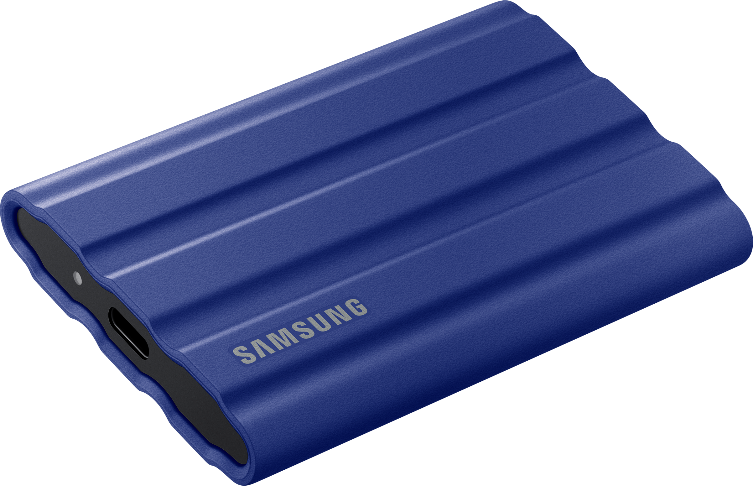 Eine blaue, strukturierte externe Festplatte von Samsung mit USB-C-Anschluss.