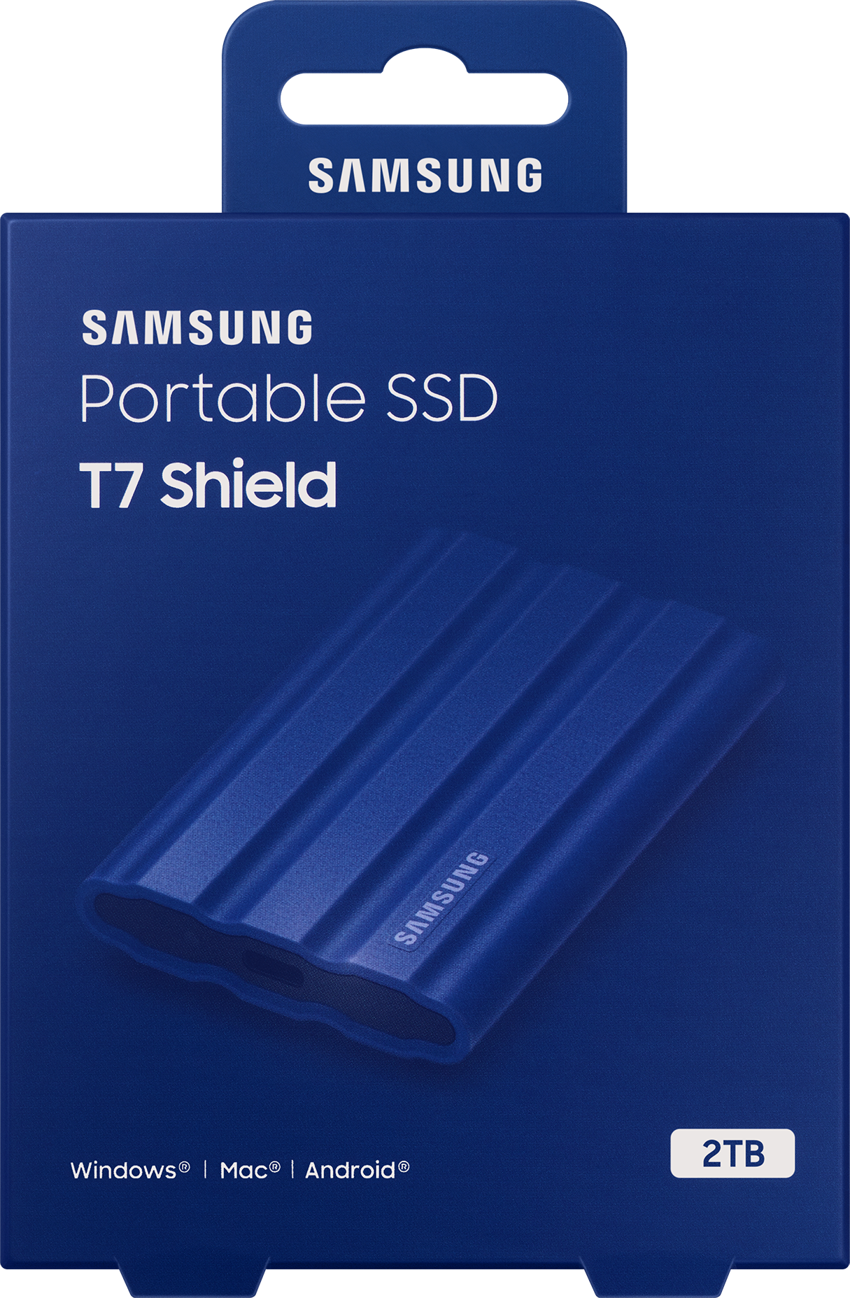 Blaue Box mit einer blauen, tragbaren SSD. Die Box hat das Samsung-Logo und Produktinformationen.