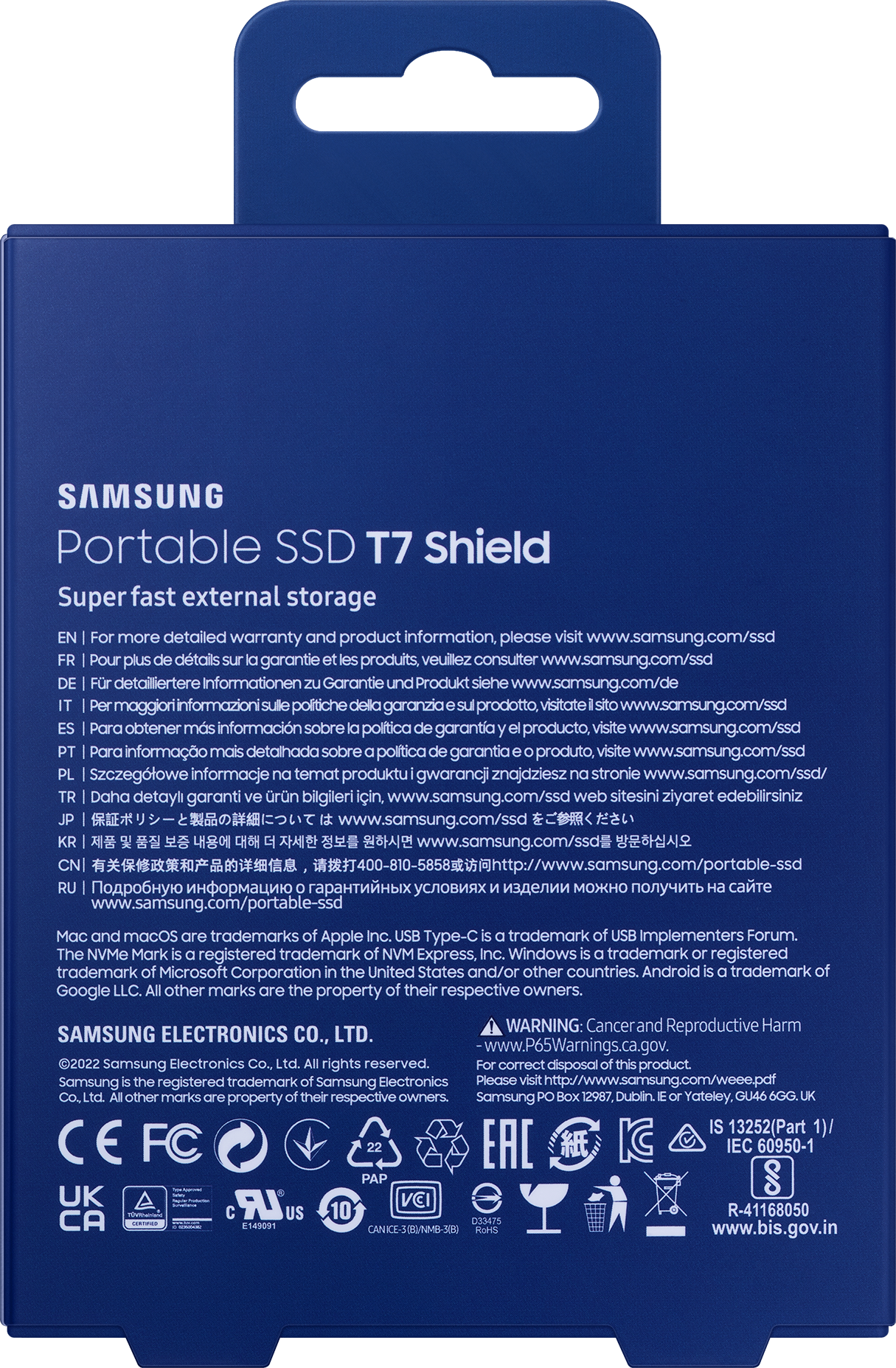 Blaue Samsung Portable SSD T7 Shield Box. Text und Logos sind sichtbar.