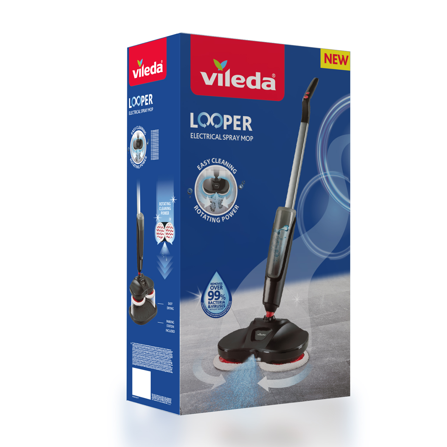 Scatola Vileda Looper mocio spray elettrico, nero e rosso, con dettagli del prodotto.