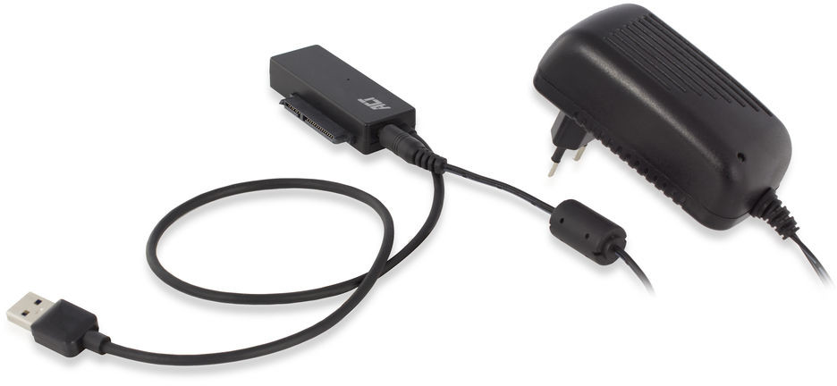 Black ACT adapter with a USB cable and a power adapter. White background.
