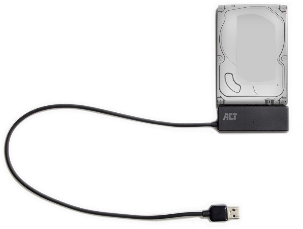 External hard drive connected to a black port with a USB cable. White background.
