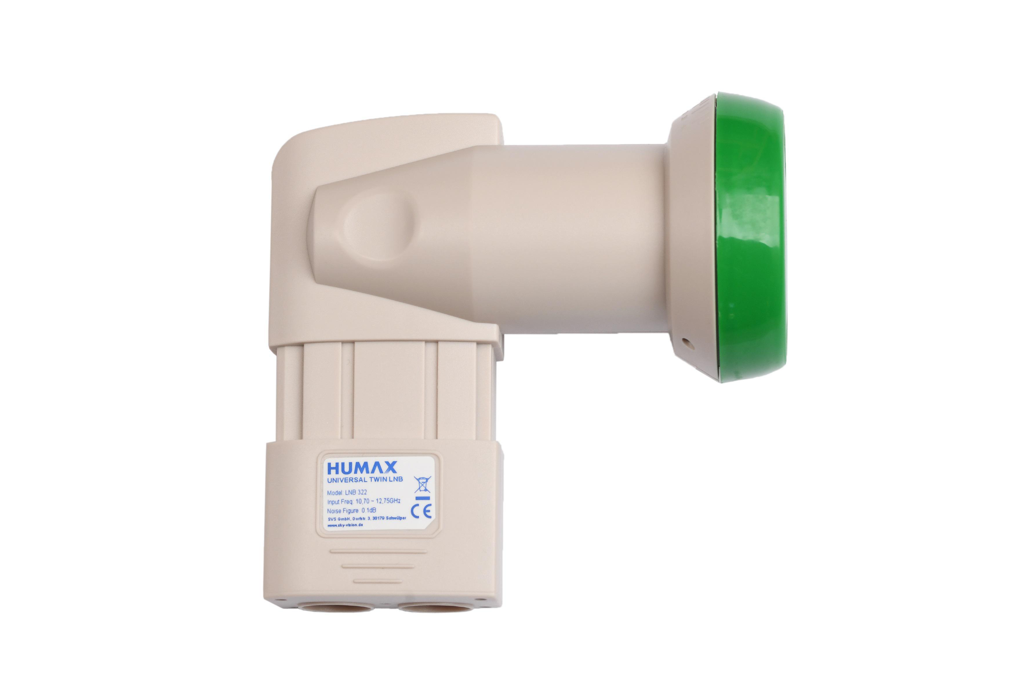 Ein beigefarbener LNB-Satellitenempfänger mit grünem Ende, isoliert auf Weiß.