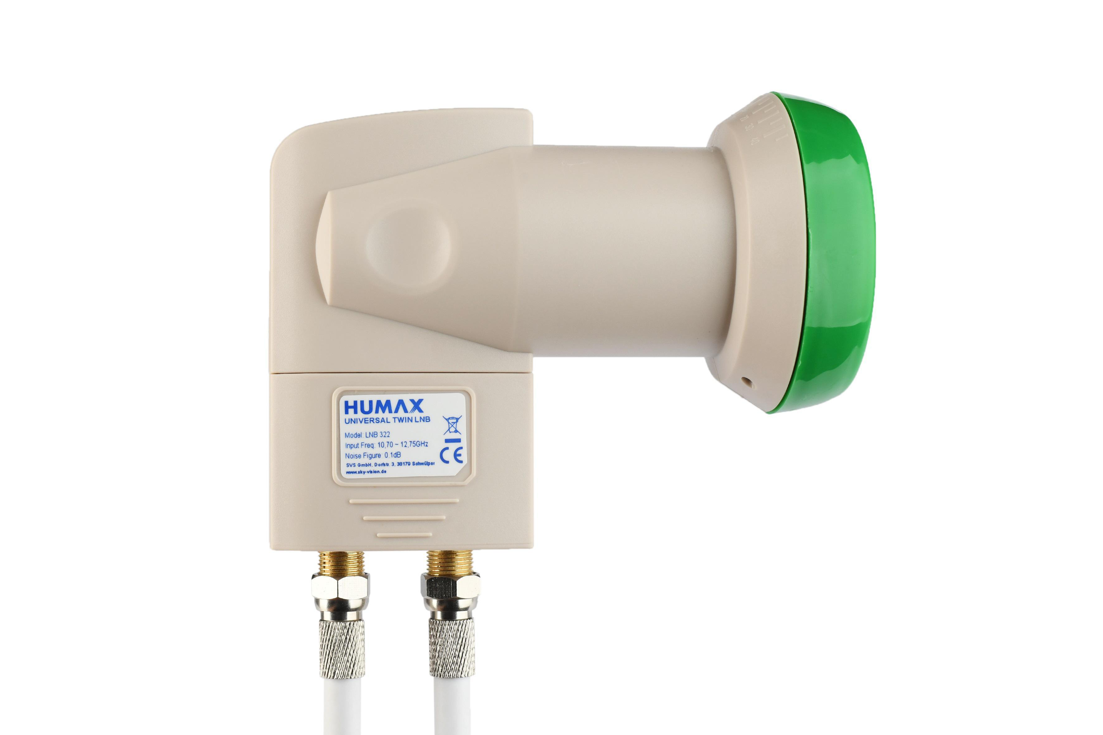Weißes und grünes HUMAX LNB mit zwei Anschlüssen. Es ist abgewinkelt und hat Text auf der Seite.