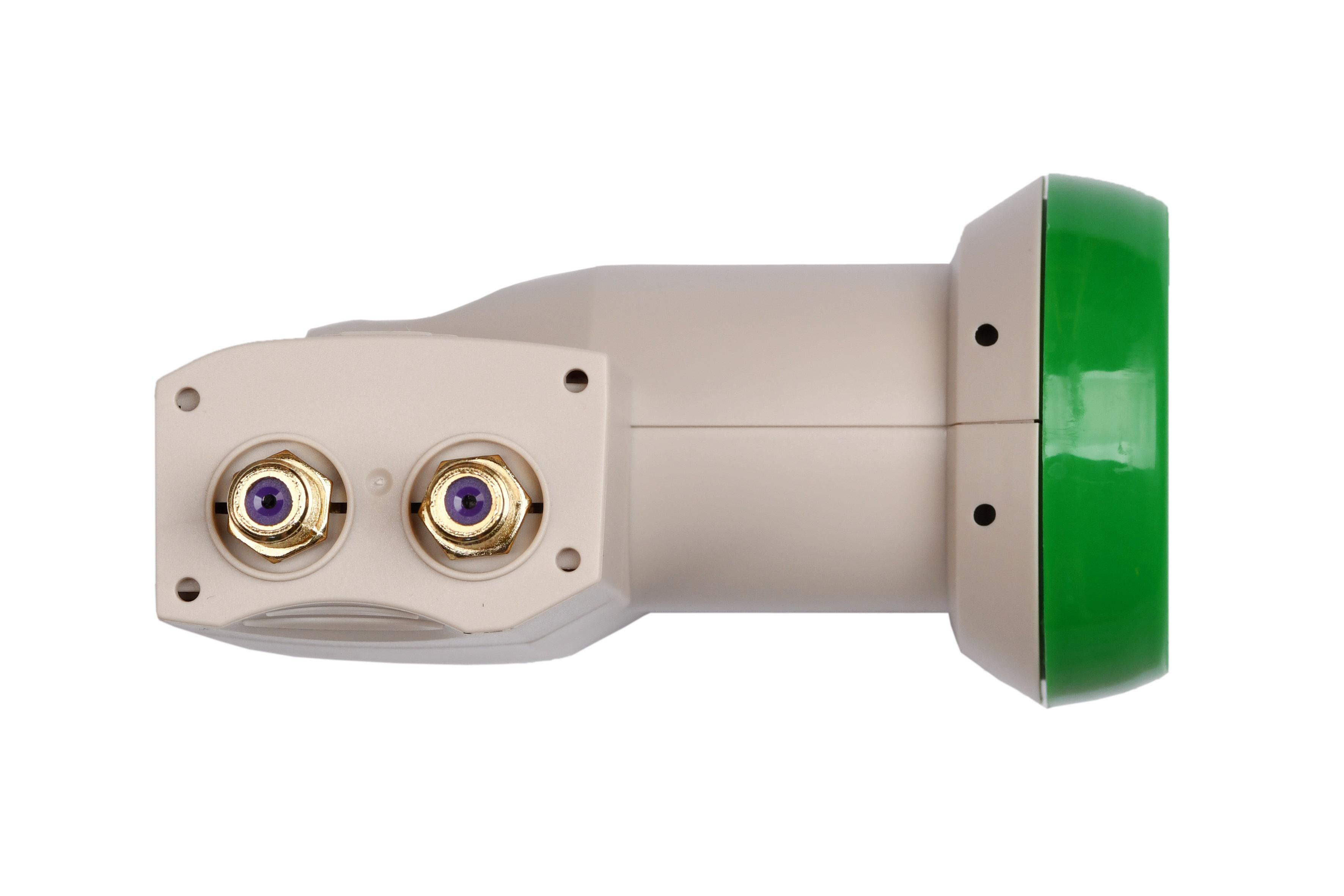 Ein weiß-grüner Satellitenempfänger. Er hat zwei goldfarbene Anschlüsse.