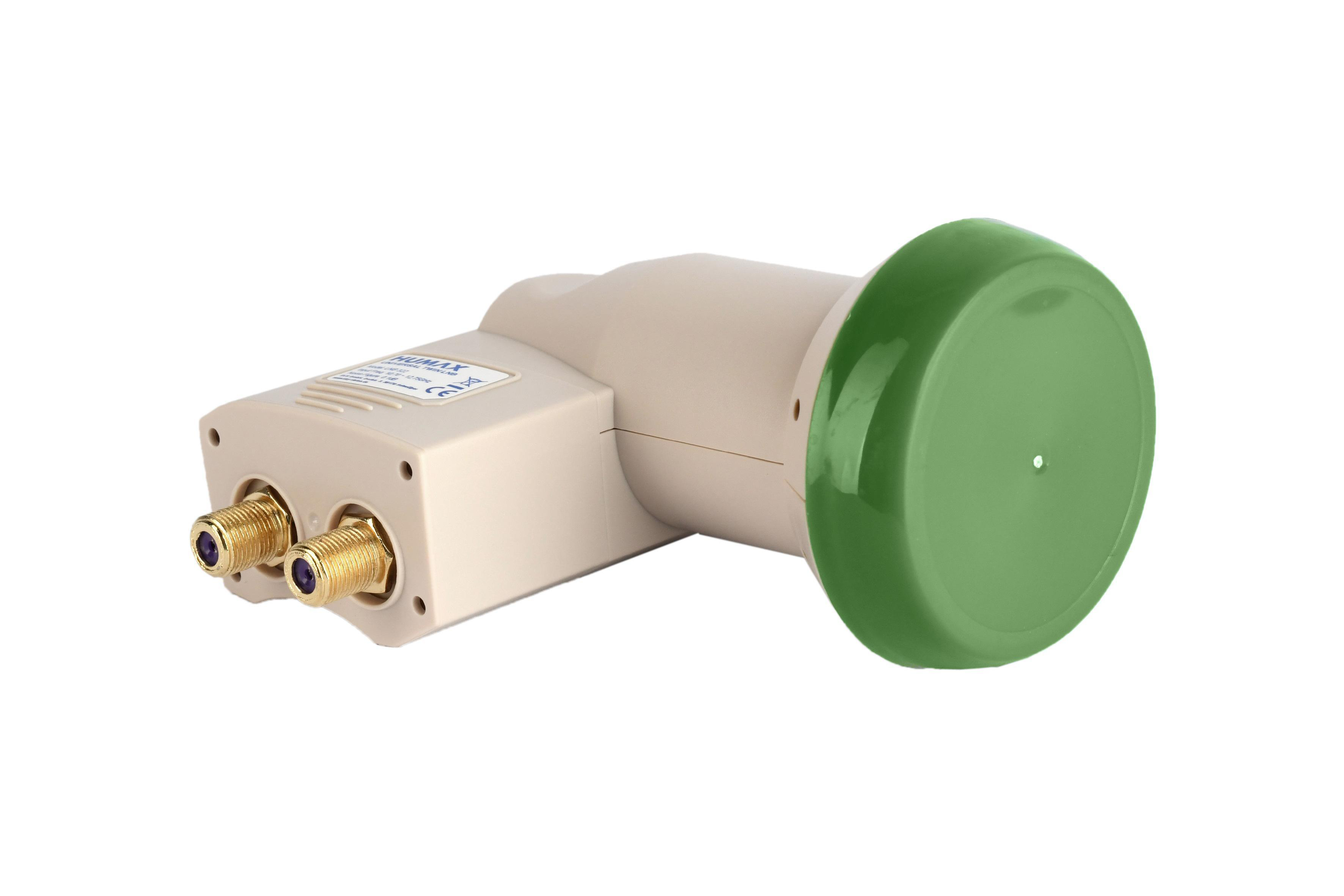 Ein beiges LNB (Low-Noise Block Downconverter) mit zwei Eingängen und einer grünen Abdeckung.