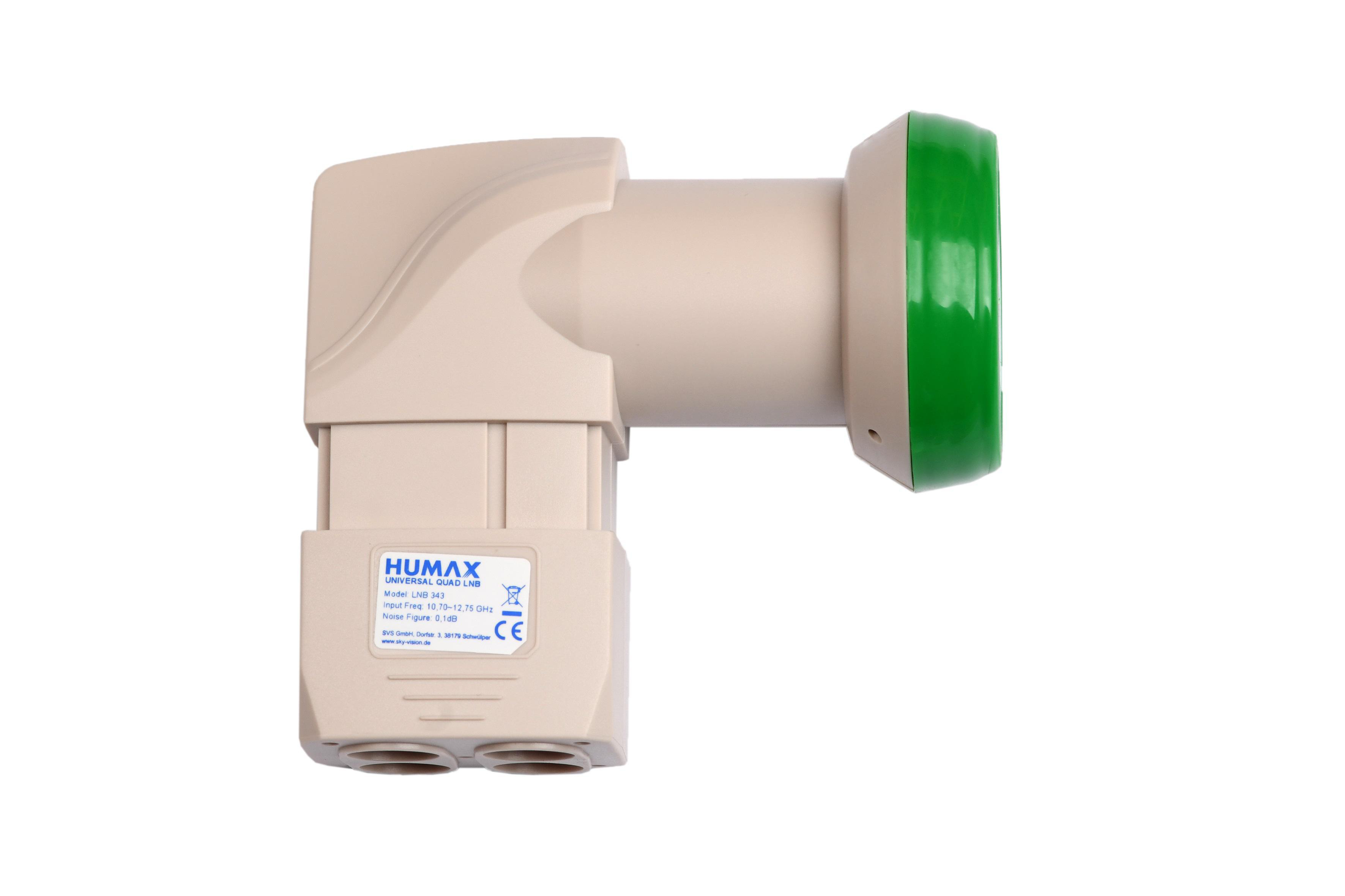 LNB-Satellitenempfänger, beige und grün, mit weißem Hintergrund. Hat die Marke Humax drauf.
