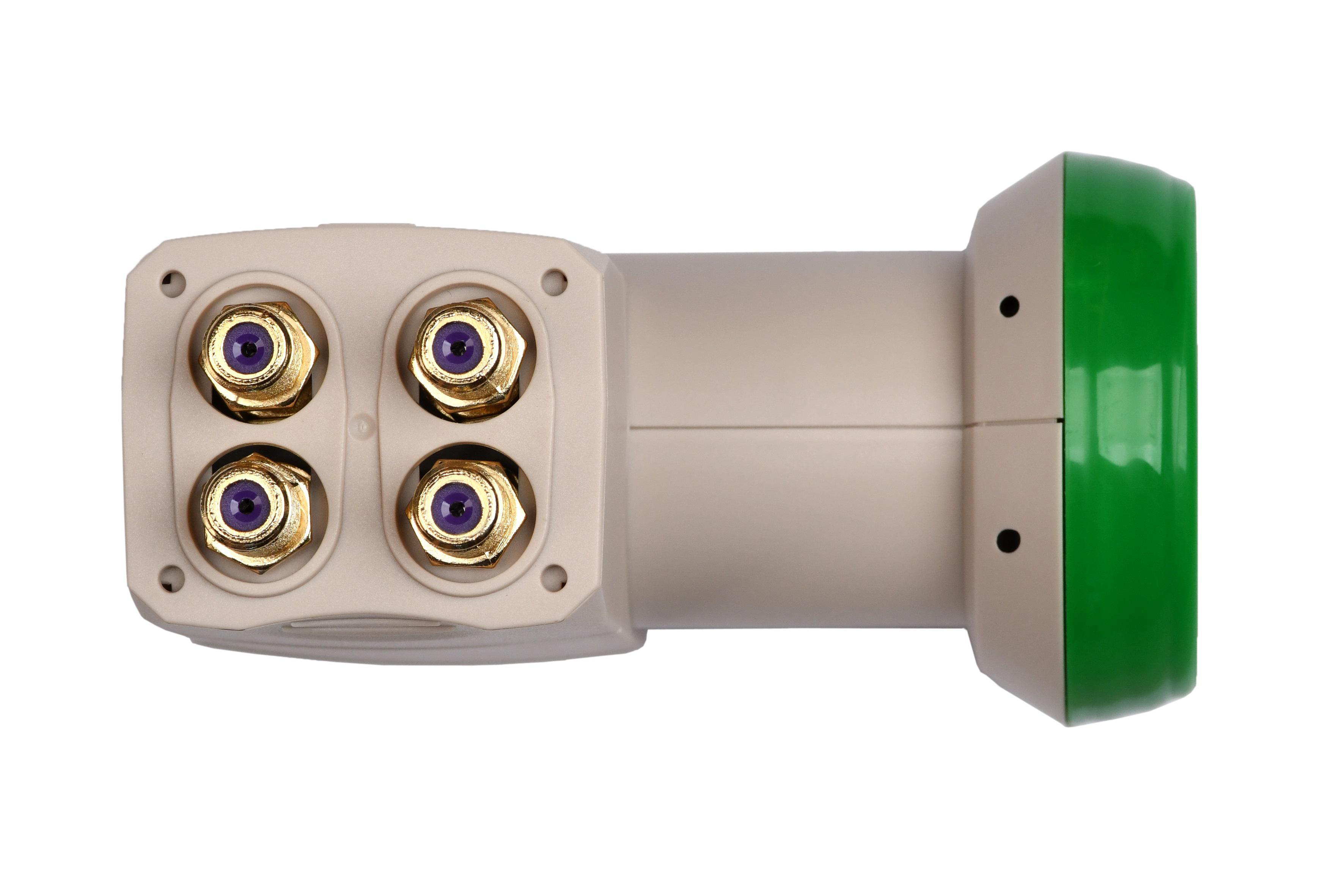 Satelliten-LNB-Empfänger, Draufsicht. Beige mit grünen Akzenten. Isoliert auf Weiß.