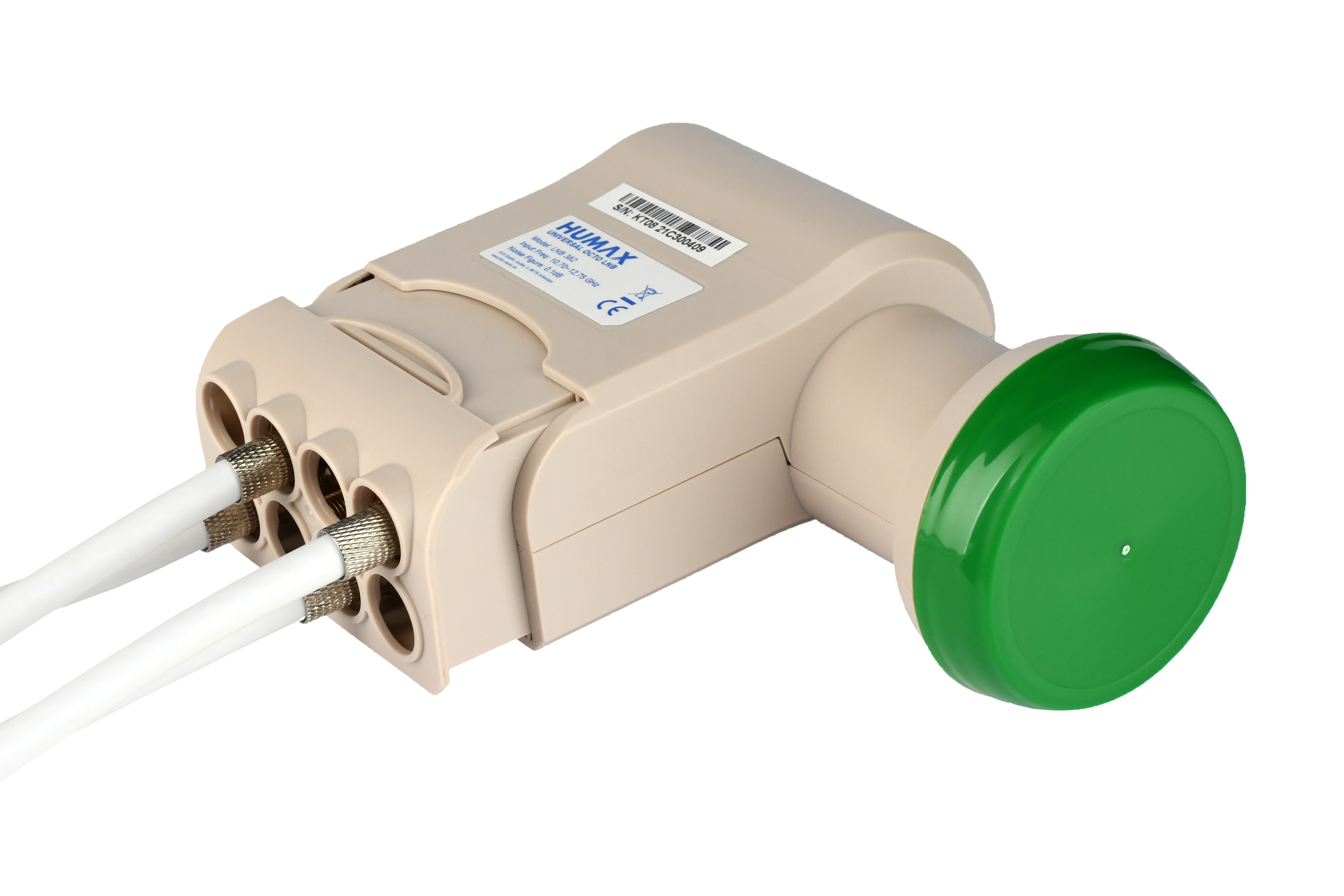 Ein Humax LNB-Satellitenempfänger mit Eingangsanschlüssen und grüner Abdeckung.