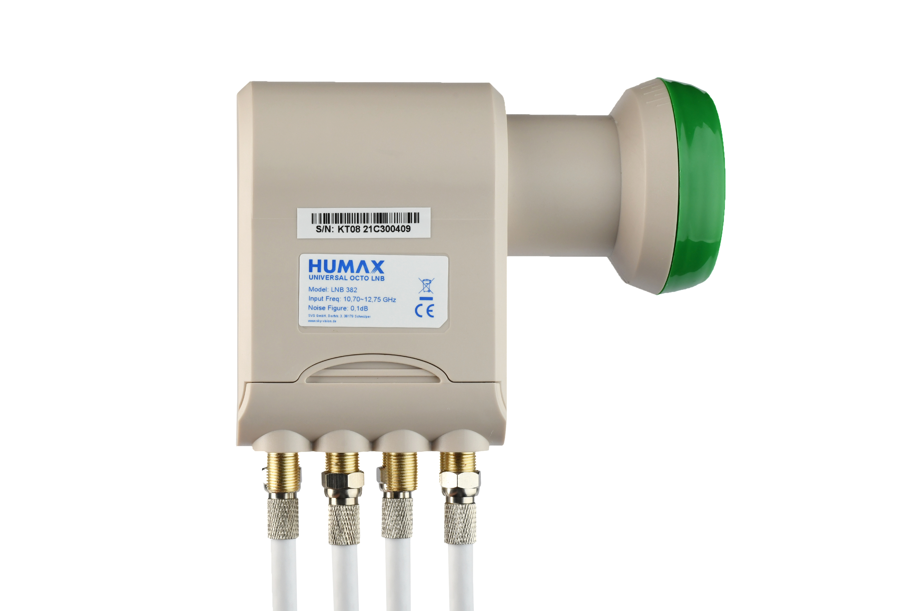Ein Satelliten-LNB-Empfänger mit Kabeln und weißem Hintergrund.
