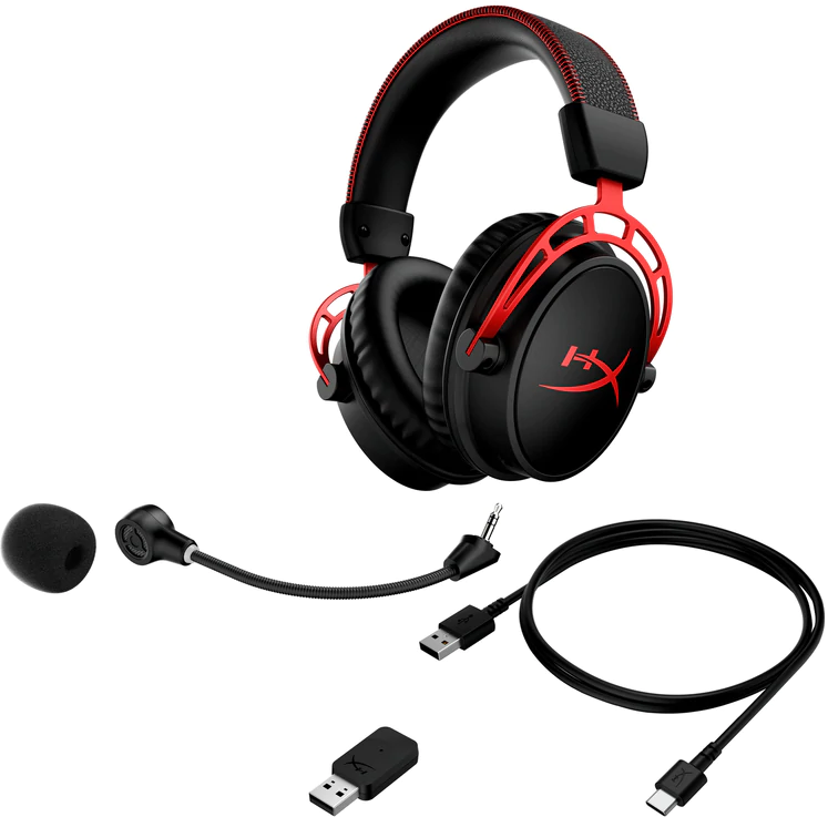 Casque de jeu HyperX noir et rouge avec accessoires : micro, adaptateur USB et câble.