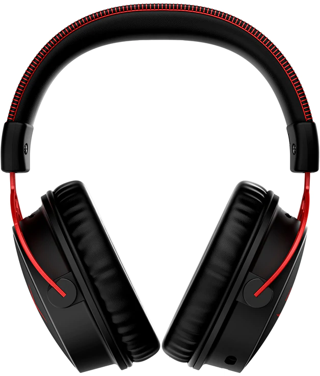 Casque de jeu noir et rouge. Les oreillettes sont noires avec des accents rouges.