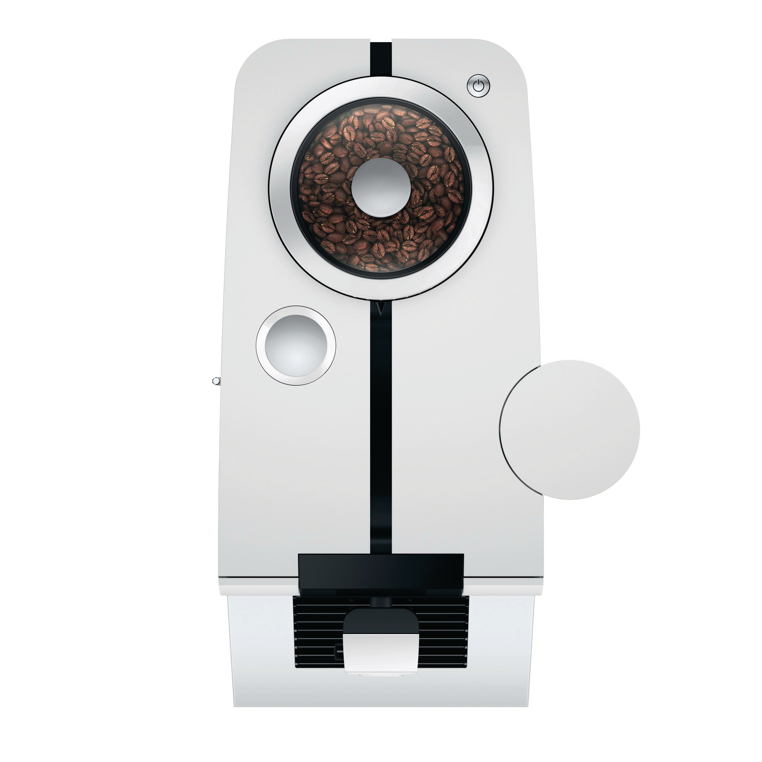 Eine weiße Kaffeemaschine mit Bohnenbehälter oben. Sie hat einen Touchscreen und eine Tasse darunter.