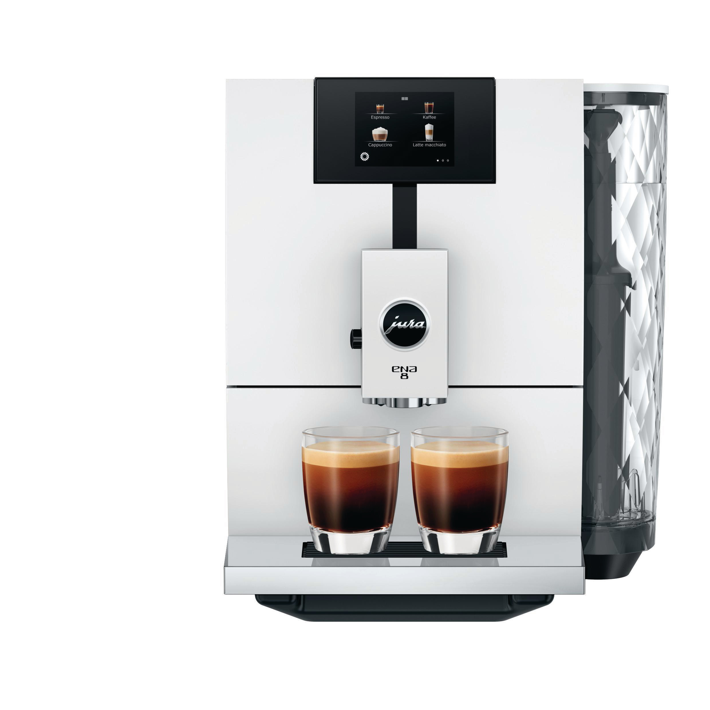 Weiße Kaffeemaschine mit zwei Espressotassen und transparentem Wassertank.