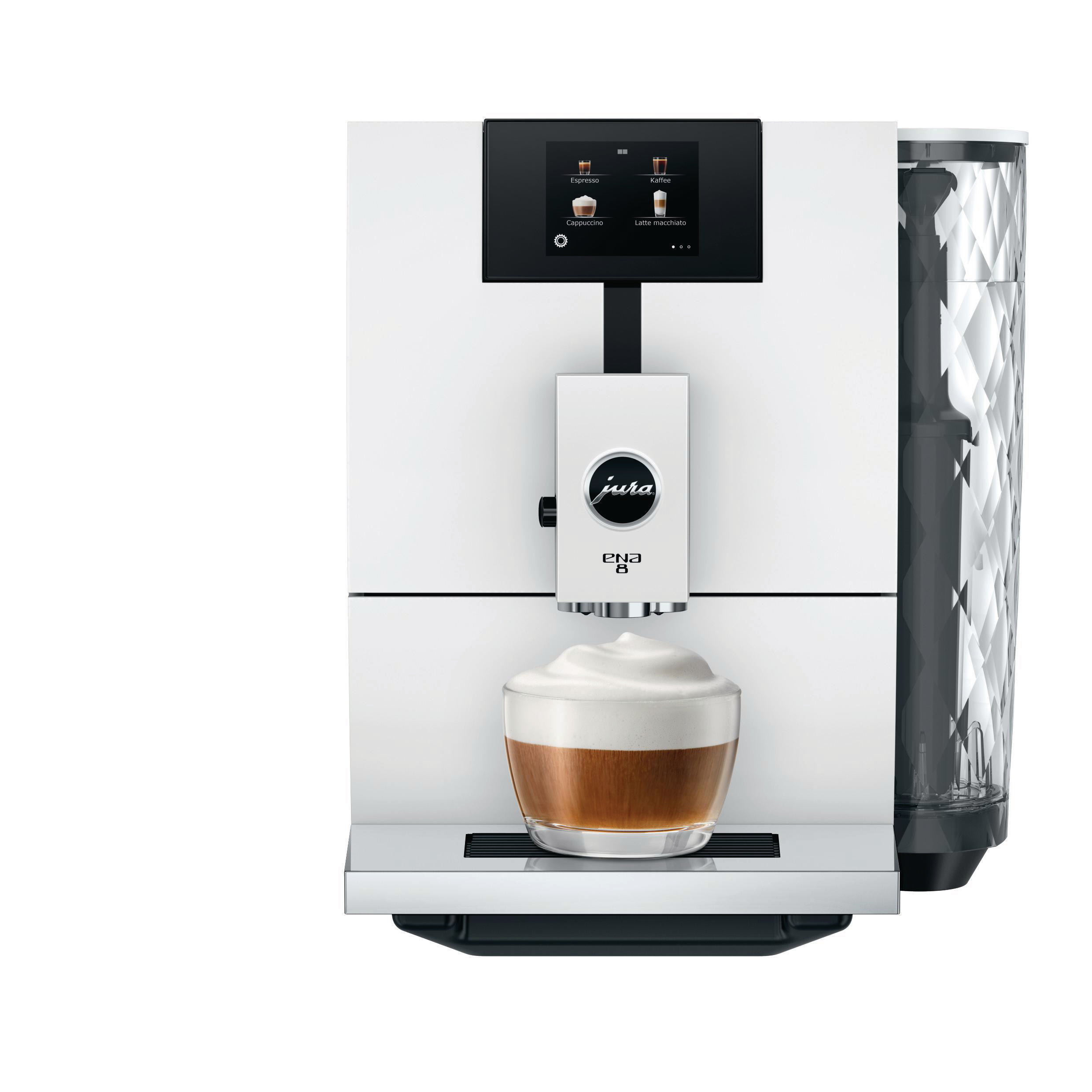 Weiße Jura ENA 8 Kaffeemaschine, Glas mit Schaum. Schwarzer Touchscreen, schwarz-weiß.