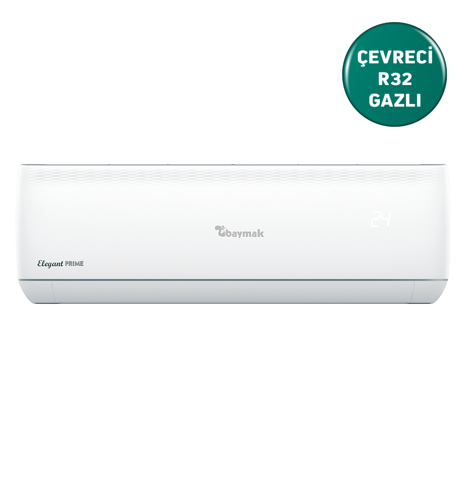 Beyaz duvara monte klima. Marka: baymak. Model: Elegant PRIME. Yeşil etiket: Çevreci R32 Gazlı.