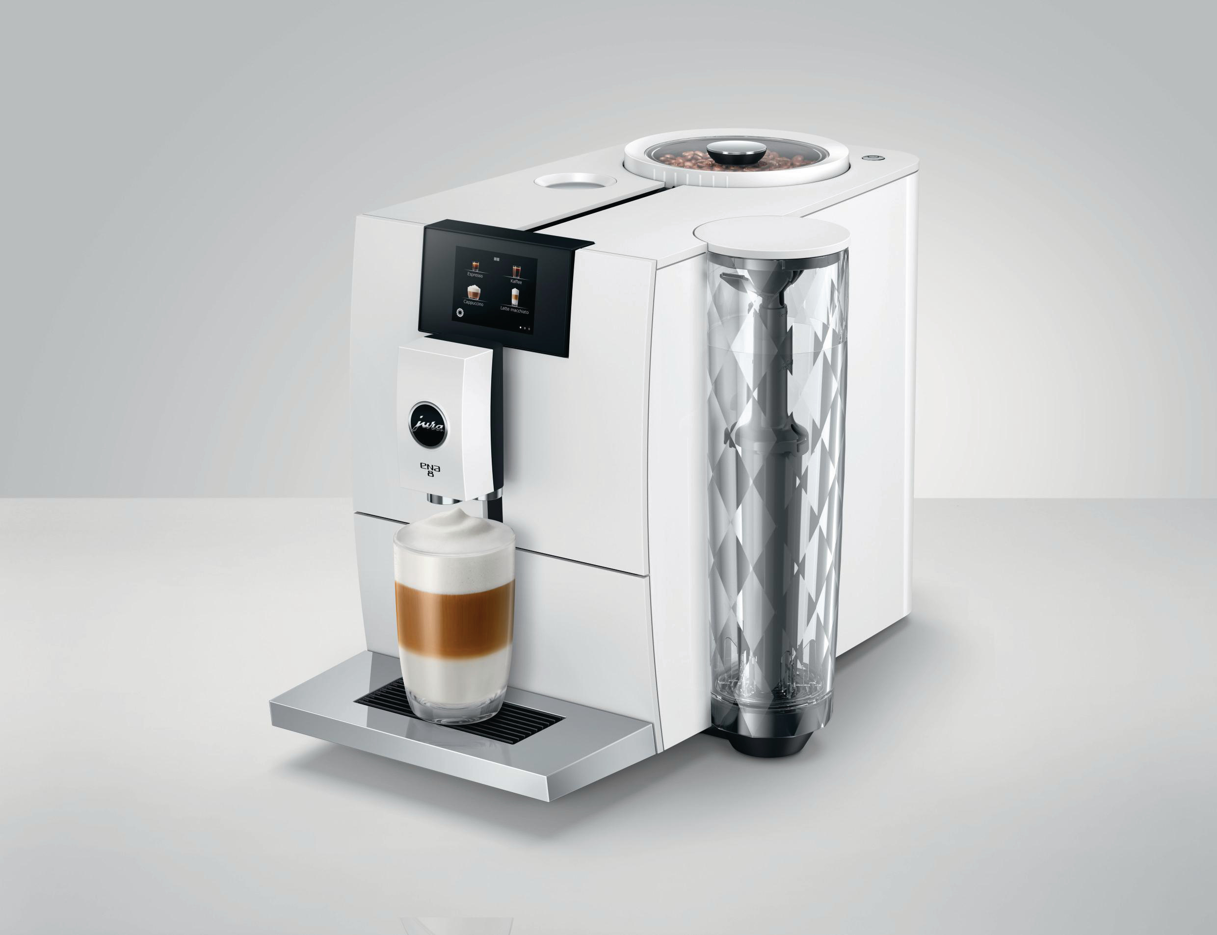 Weiße Jura Kaffeemaschine mit Milchaufschäumer und Bohnenbehälter, weißer Hintergrund.